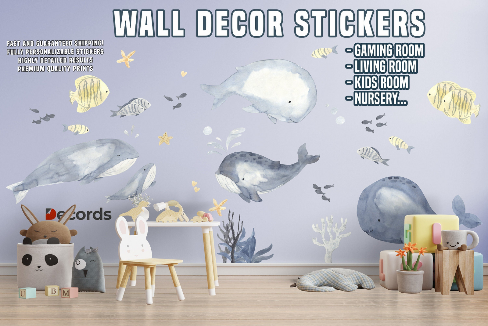 Whale Wall Decal – Peel and Stick Ocean Nursery Wall Sticker for Kids Room