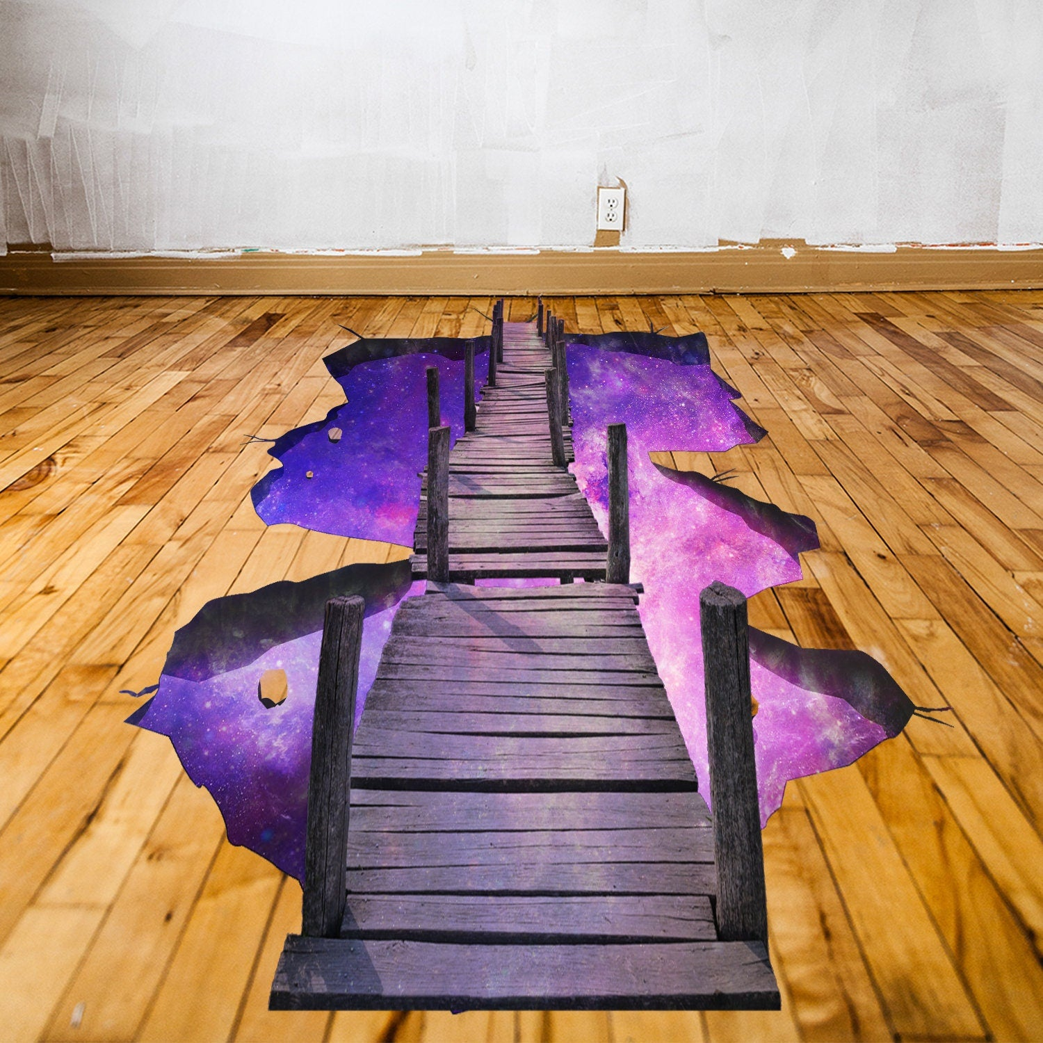 3D Space Bridge Floor Vinyl Decal – Galaxy-Inspired Peel & Stick Flooring for Immersive Interiors