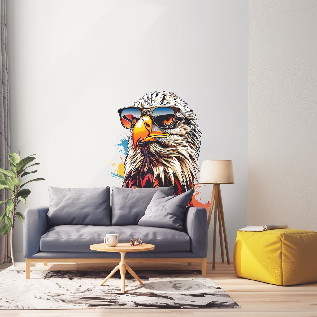 Bald Eagle with Sunglasses Wall Decal – Peel and Stick Watercolor Bird Wall Art for Living Room, Bedroom, and Office