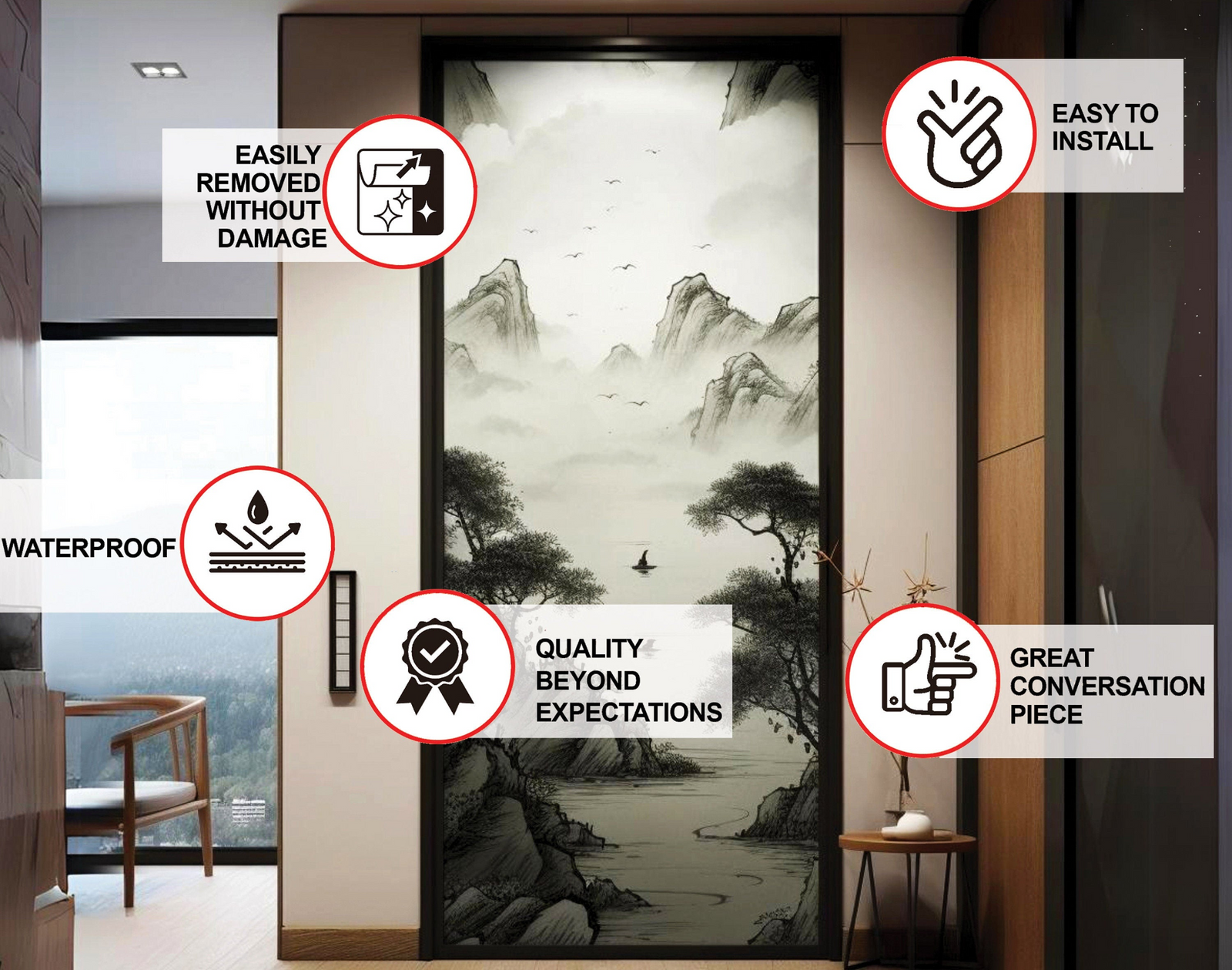 Peel and Stick Door Sticker – Smoky Glass Vinyl Privacy Decal with Abstract Gradient