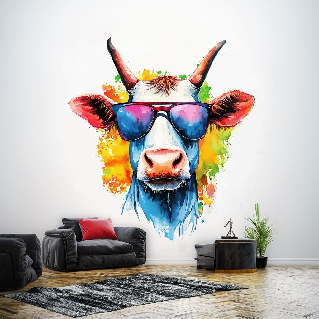 Cool Cow with Sunglasses Wall Decal – Colorful Watercolor Animal Vinyl Art for Playful, Modern Kids’ Spaces