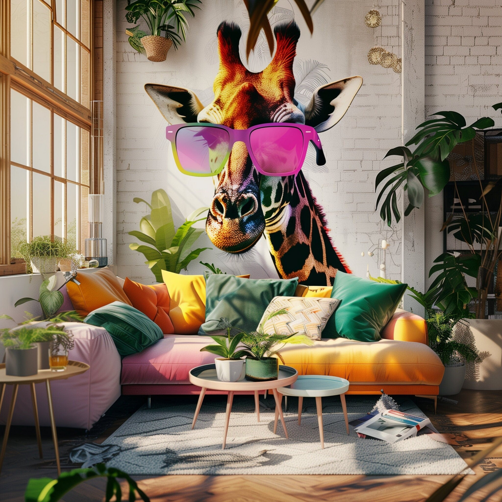 Colorful Giraffe Wall Sticker – Pink Sunglasses Vinyl Decal for Playful, Design-Led Interiors