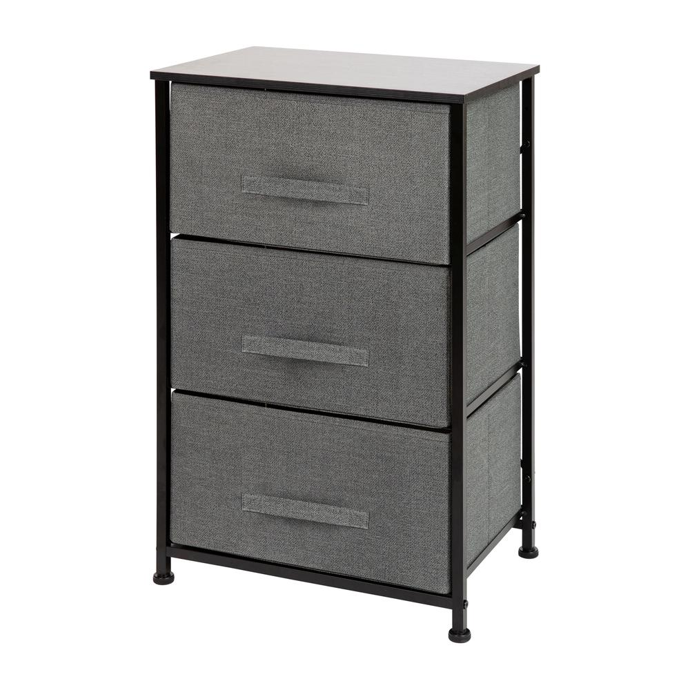3-Drawer Vertical Storage Dresser with Wood Top & Fabric Drawers – Black Frame, Dark Gray