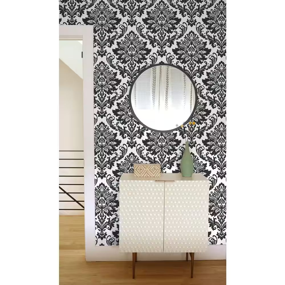 Black and White Damask Vinyl Peel and Stick Wallpaper Roll (Covers 30.75 Sq. Ft.)