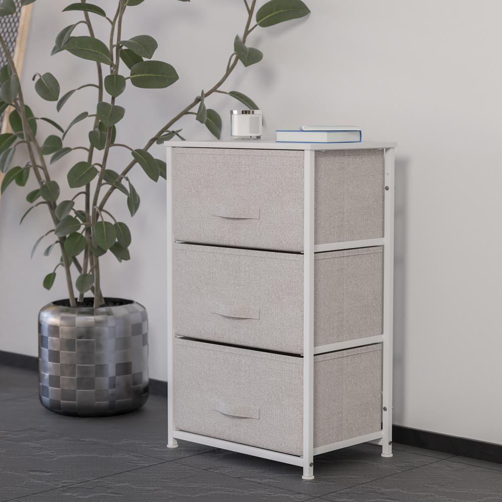 3-Drawer Vertical Storage Dresser with Wood Top – White Metal Frame & Light Gray Fabric Drawers