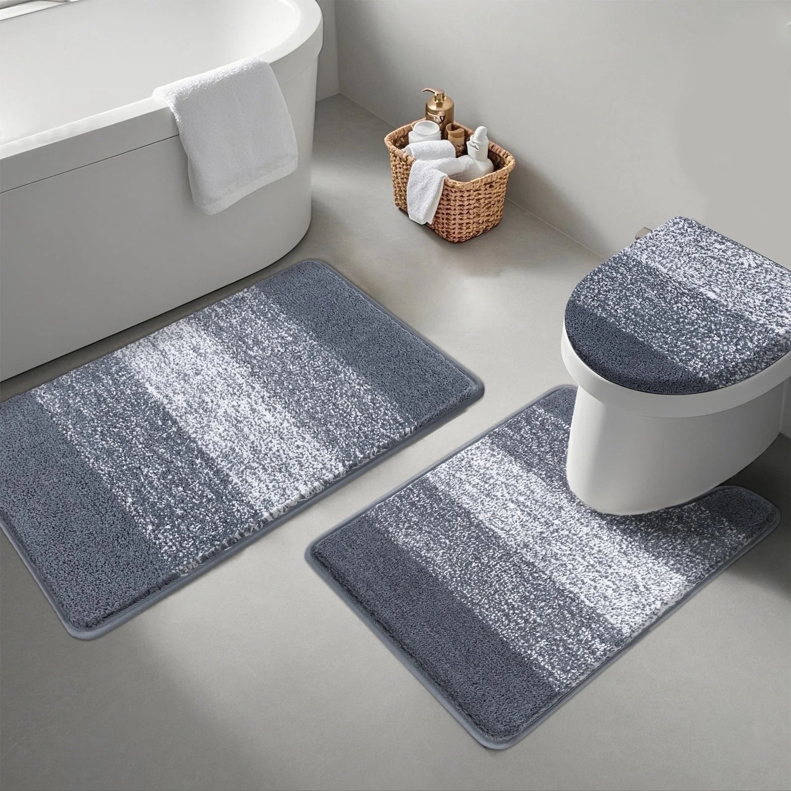 Traditional 4 Piece Microfiber Washable Bathroom Rug Set, Grey