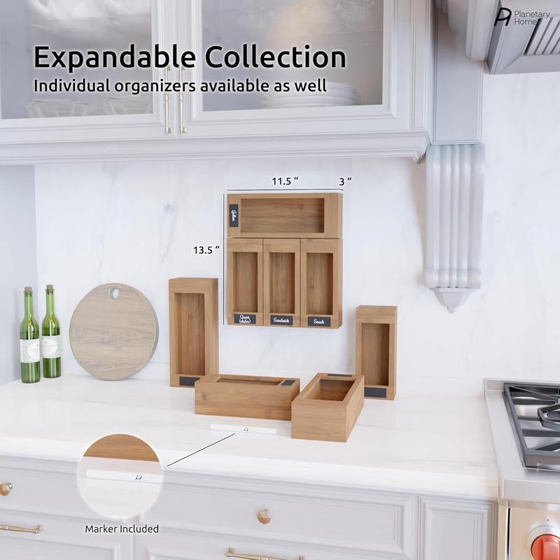 WWDPOOL Premium Bamboo Kitchen Wall & Drawer Customizable Baggie Organizers, For Slider, Freezer, & Storage Bags up to Gallon Size Set Expandable Room Boxes