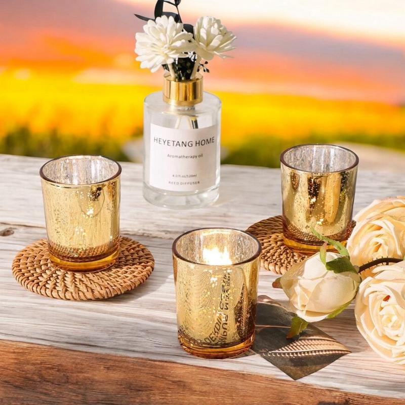 Set of 2 Gold Mercury Glass Votive Candle Holders – Speckled Boho Decor for Weddings, Halloween & Thanksgiving Centerpieces