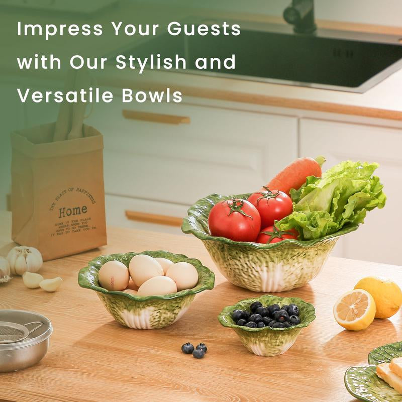 KXZ 3-Piece Cabbage Ceramic Bowl Set – 5oz, 16oz & 60oz Bowls for Soup, Salad, Fruit | Elegant Green Hand-Painted Serving Bowls