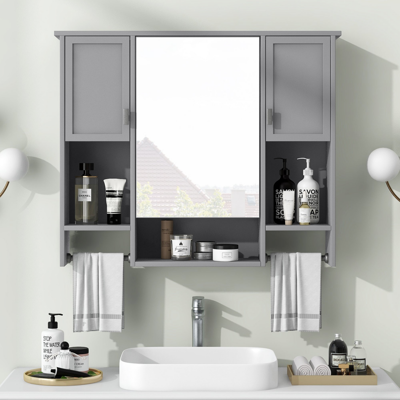 Modern Wall-Mounted Bathroom Storage Cabinet with Mirror and Towel Bar