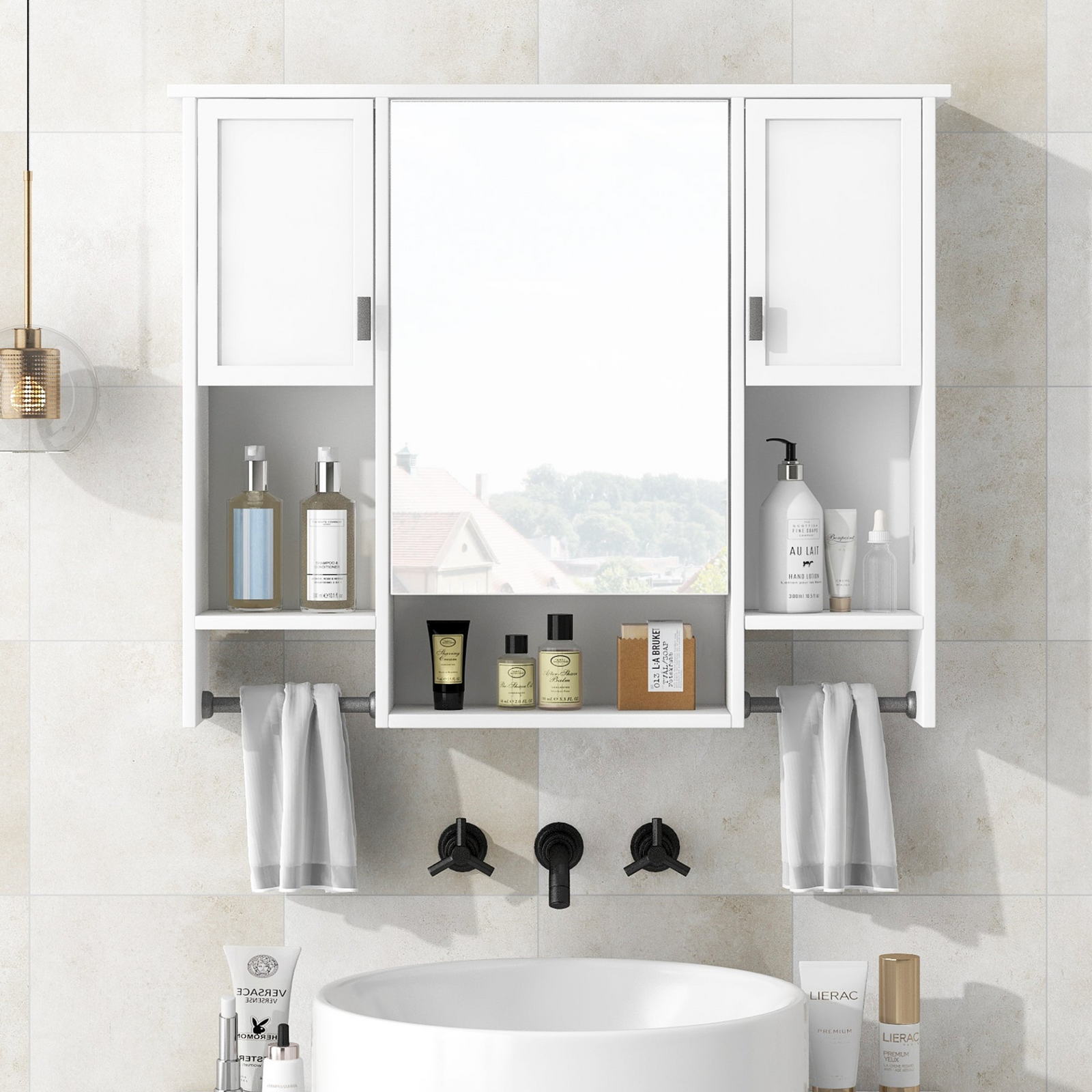 Modern Wall-Mounted Bathroom Storage Cabinet with Mirror and Towel Bar
