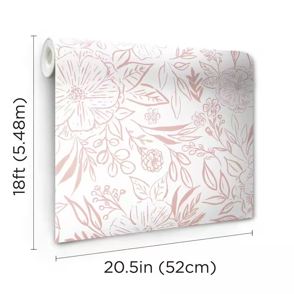 Floral Sketch Pink Vinyl Peel and Stick Matte Wallpaper 30.75 sq. ft.