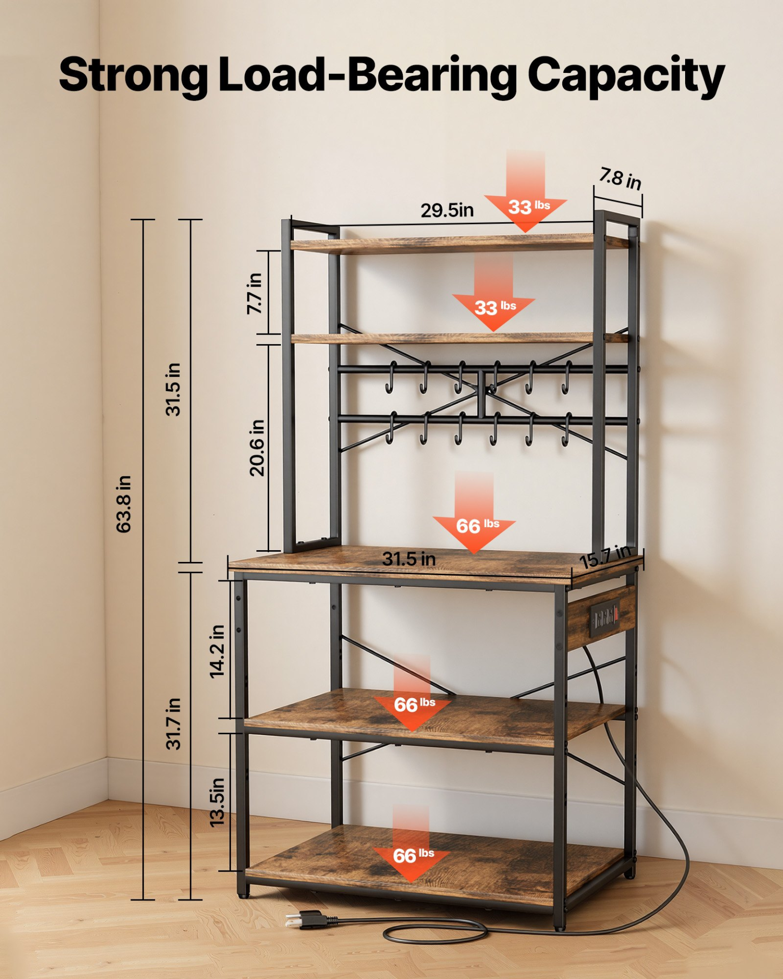 VEVOR Kitchen Bakers Rack, 5 ft Power Cable Bakers Rack with Power Outlet, Kitchen Stand with X-Shaped Support Bar, 12 S-Shaped Hooks, Coffee Bar Stand for Dishes, Spice Bottles, Built-In Power Strip