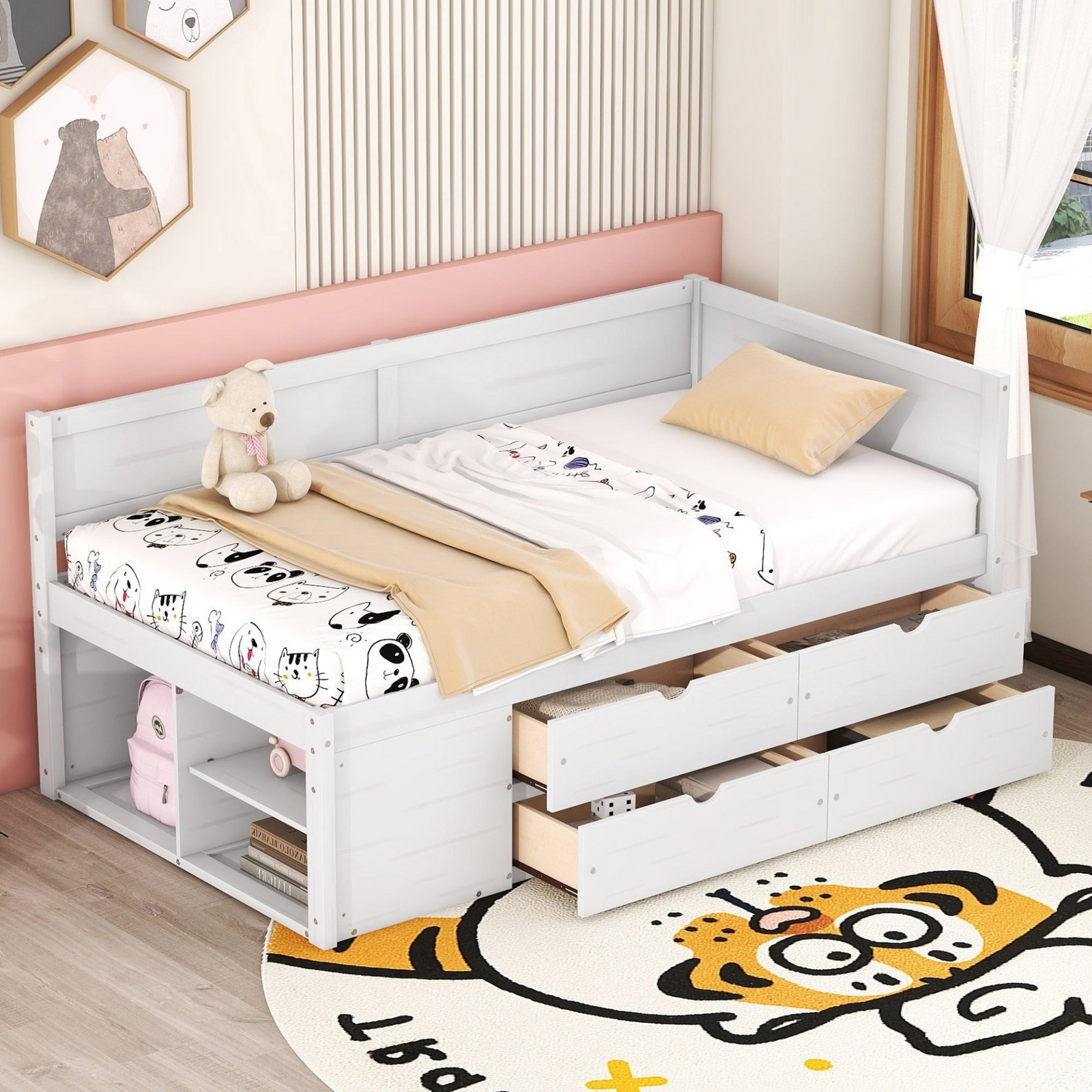 Twin Size Daybed with Drawers and Shelves, Includes Built-In Storage and Shelving