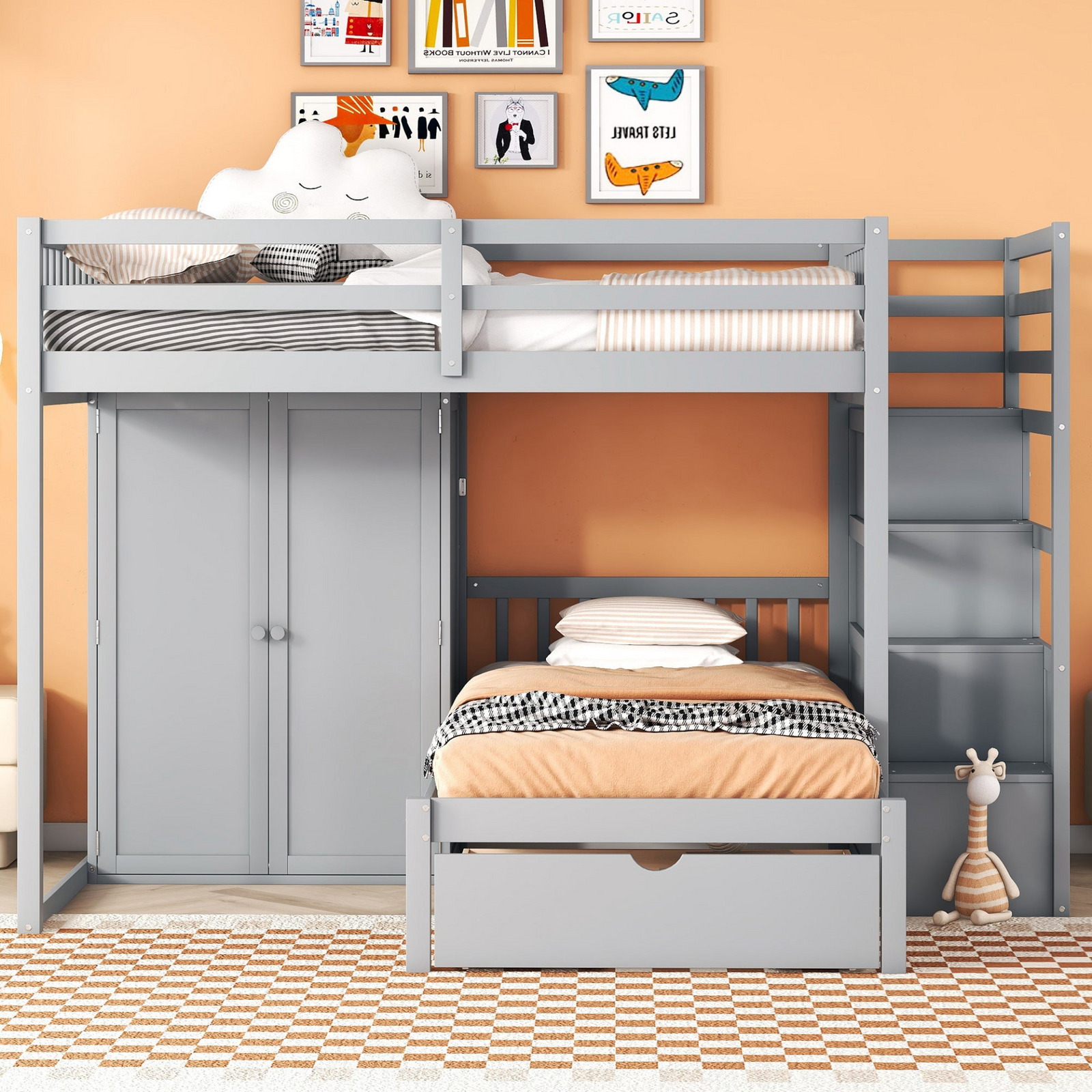 Full Over Twin Bunk Bed with Wardrobe and Drawers, Space-Saving Storage Solution