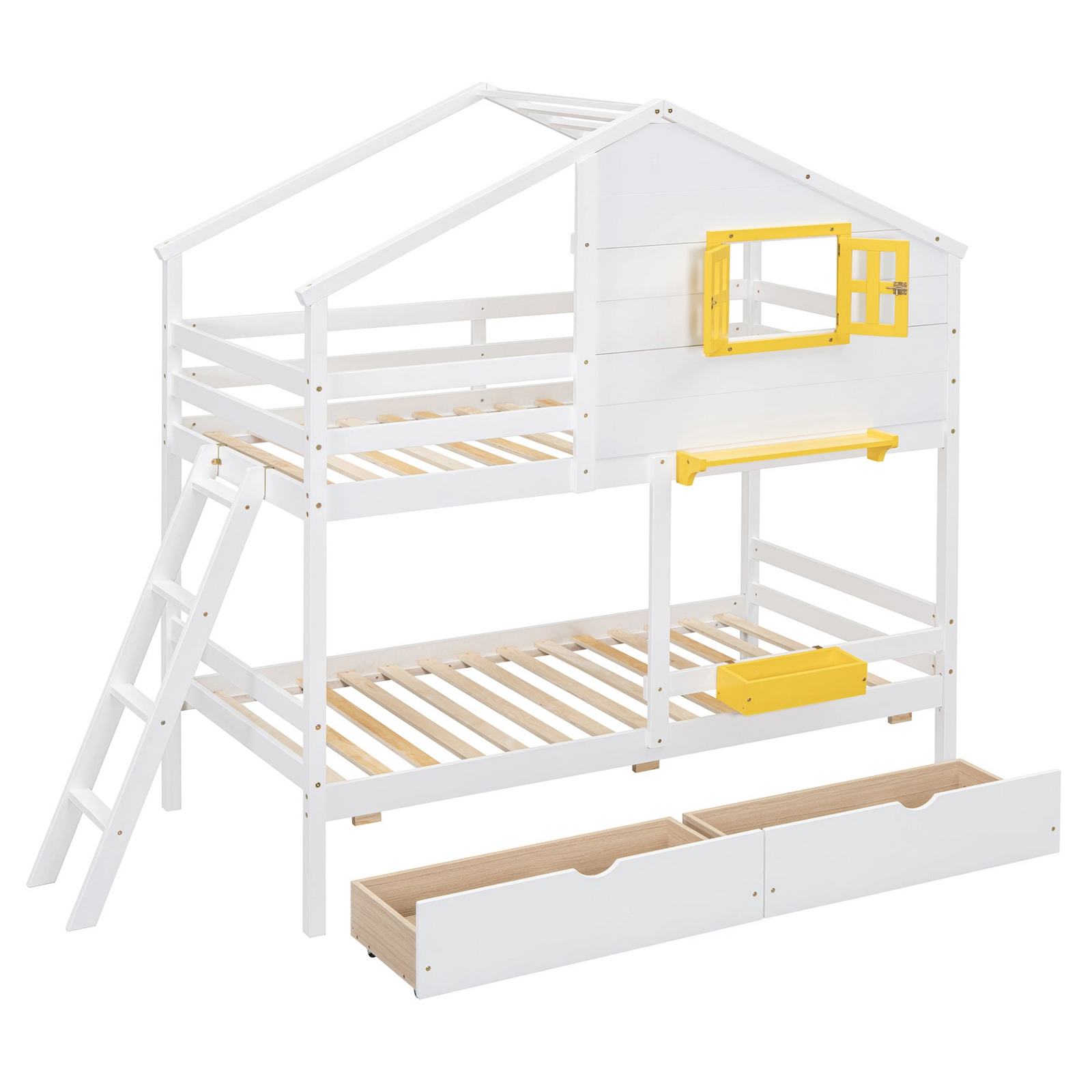 Playhouse-Inspired Bunk Bed with Roof, Window, Drawers, Storage Box and Shelf