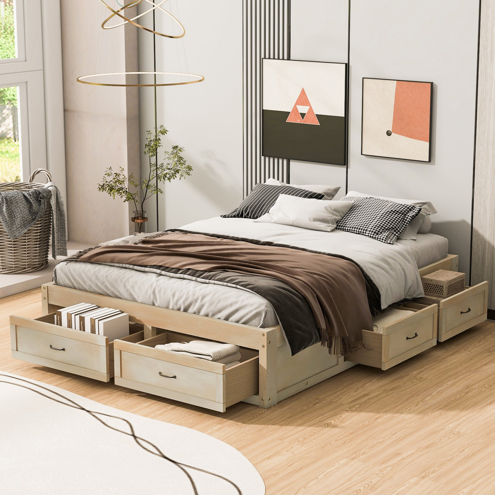 Platform Bed with Storage Drawers, Antique-Inspired Design and Built-In Storage Solution