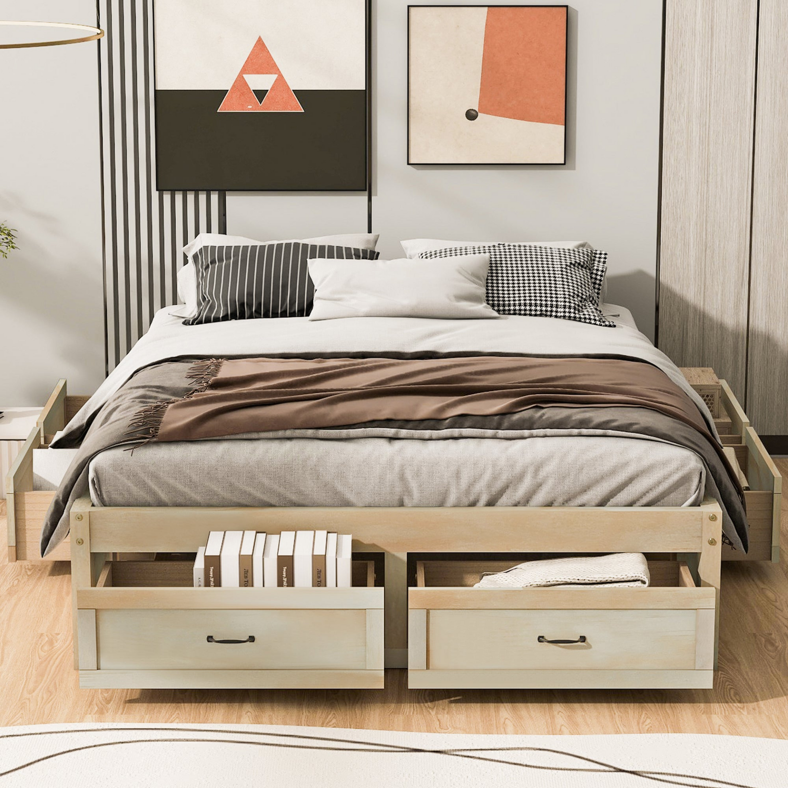 Platform Bed with Storage Drawers, Antique-Inspired Design and Built-In Storage Solution