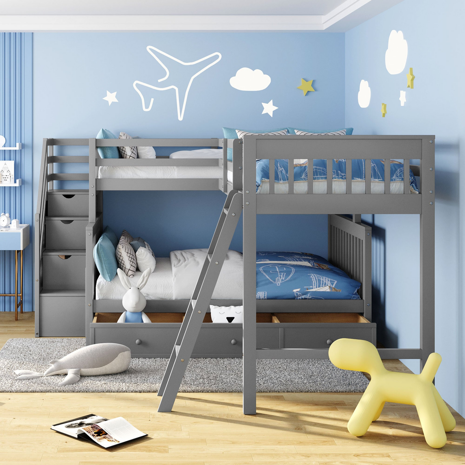 Twin over Full L-Shaped Bunk Bed with 3 Storage Drawers, Ladder and Staircase