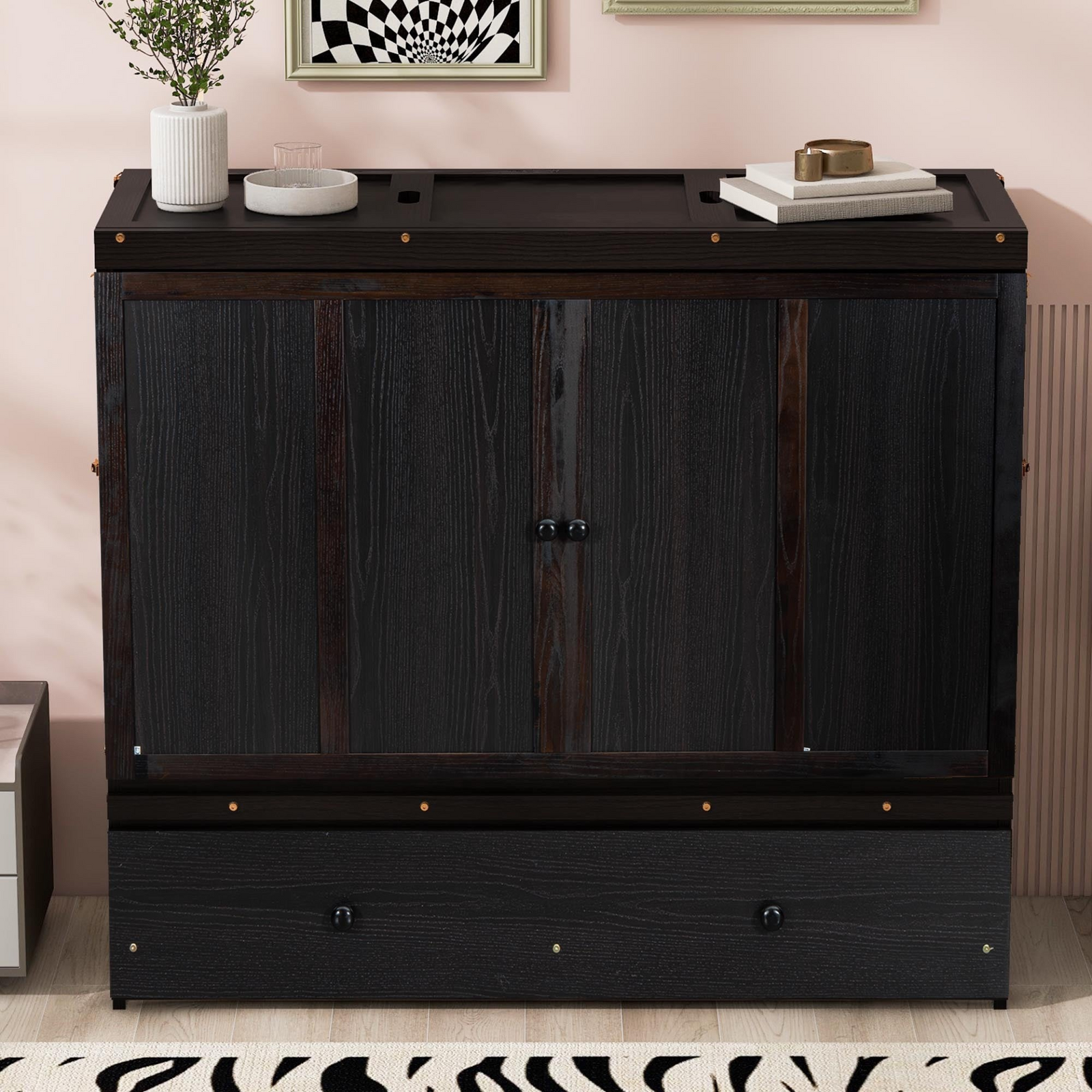 Space-Saving Full Size Murphy Bed with USB Port and Large Drawer Storage