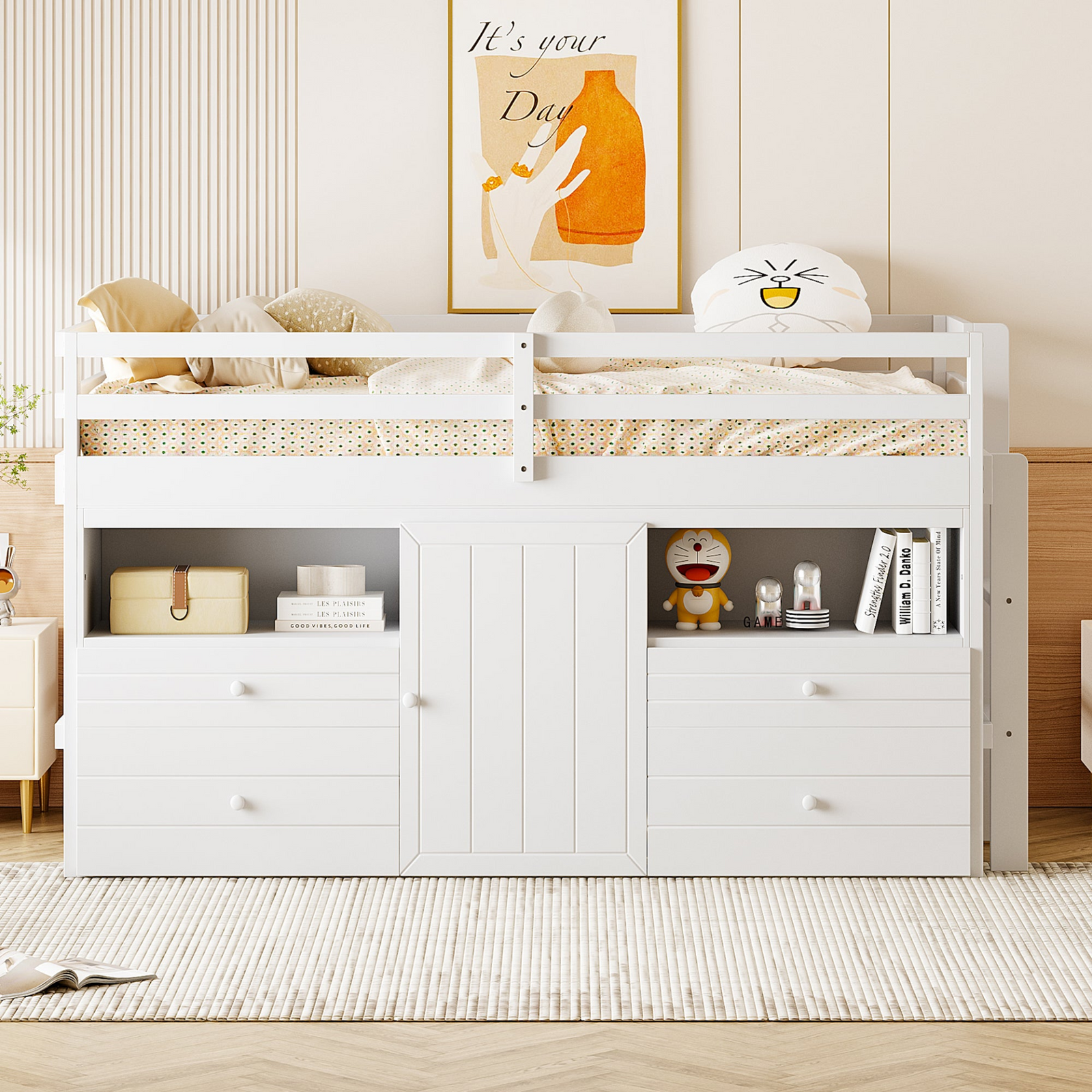 Twin Size Loft Bed with 4 Drawers, Underneath Cabinet and Shelves for Storage