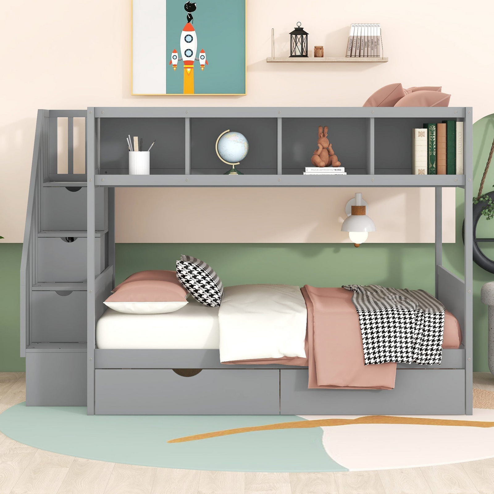 Twin over Full Bunk Bed with Shelves, Storage Staircase and Two Drawers