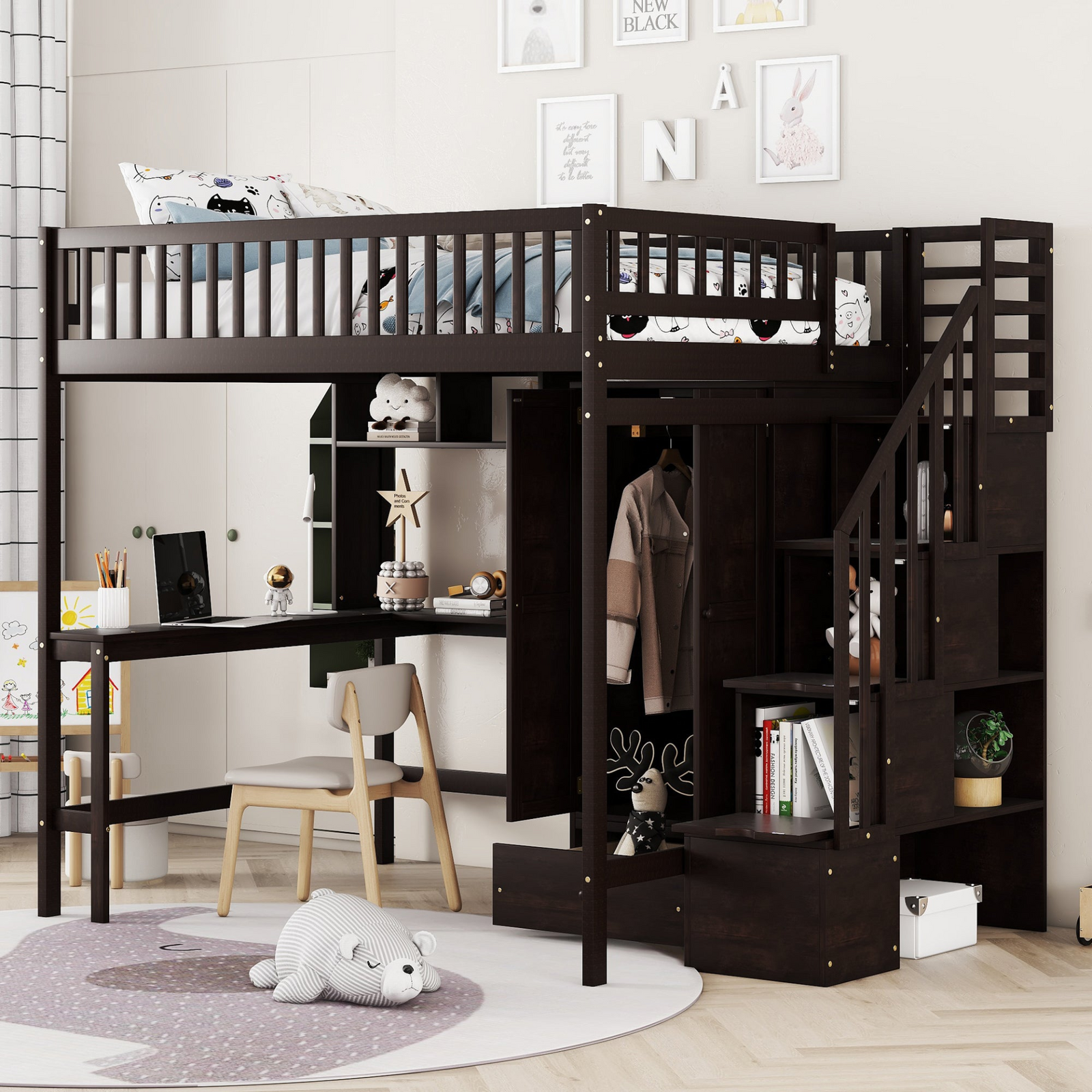 Full Size Loft Bed with Bookshelf, Drawers, Desk, and Wardrobe Storage