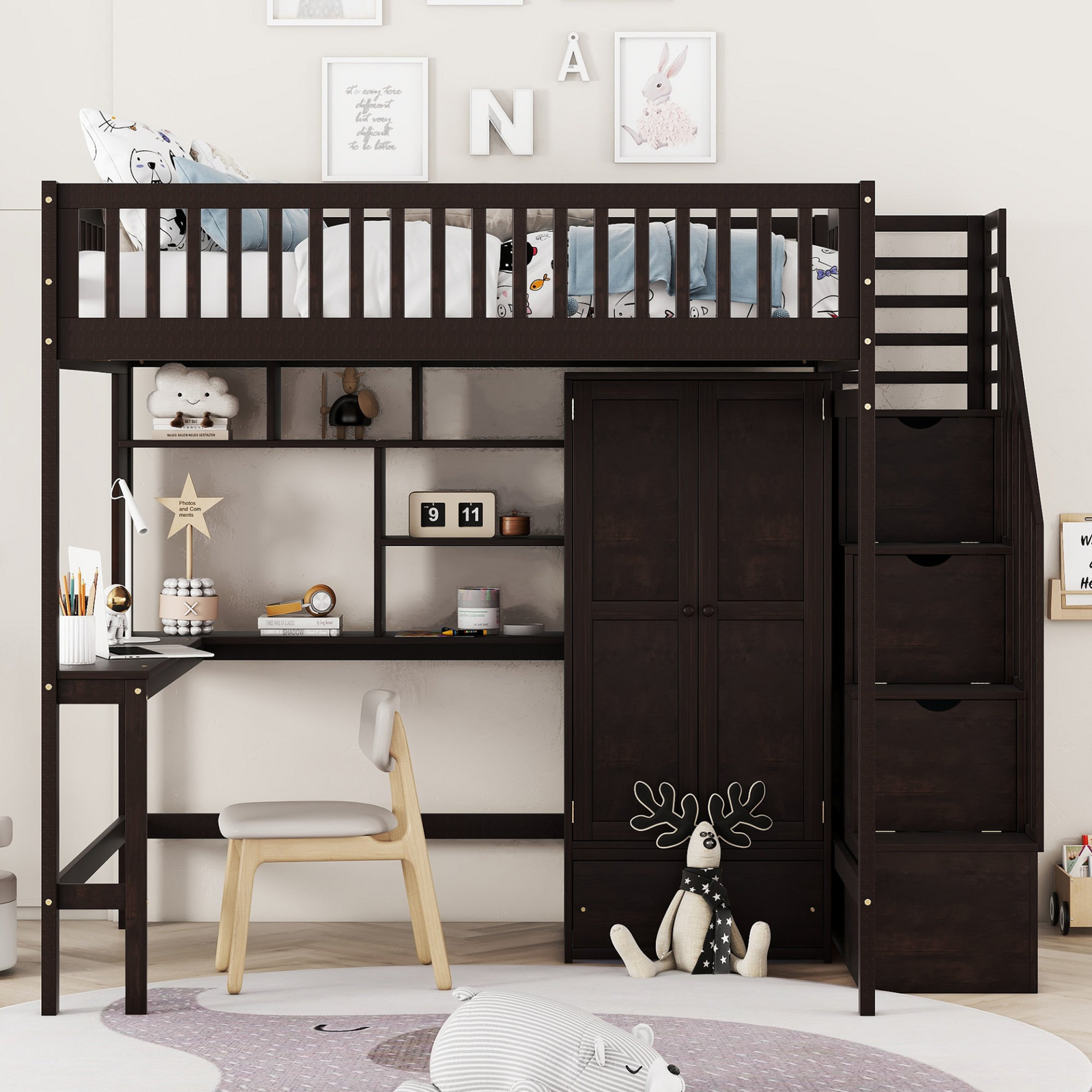 Full Size Loft Bed with Bookshelf, Drawers, Desk, and Wardrobe Storage