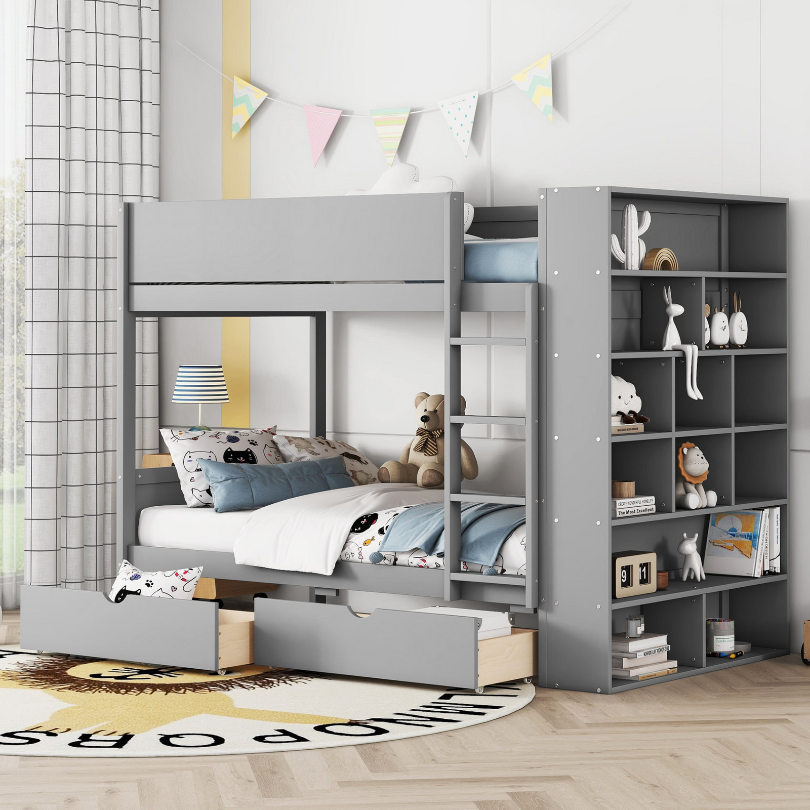 Space-Saving Bunk Bed with Built-In 2 Drawers and Multi-Layer Storage Cabinet