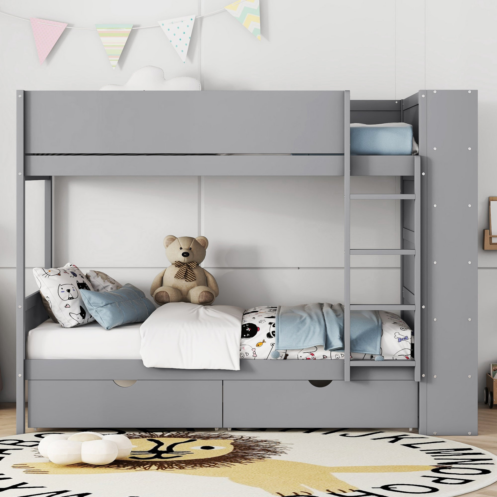 Space-Saving Bunk Bed with Built-In 2 Drawers and Multi-Layer Storage Cabinet