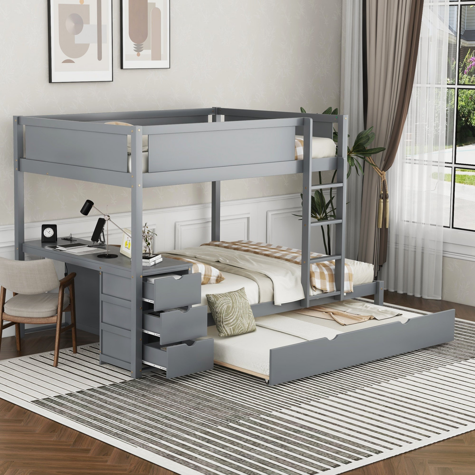 Full-Over-Full Bunk Bed with Twin Trundle, Built-In Storage and Desk Unit