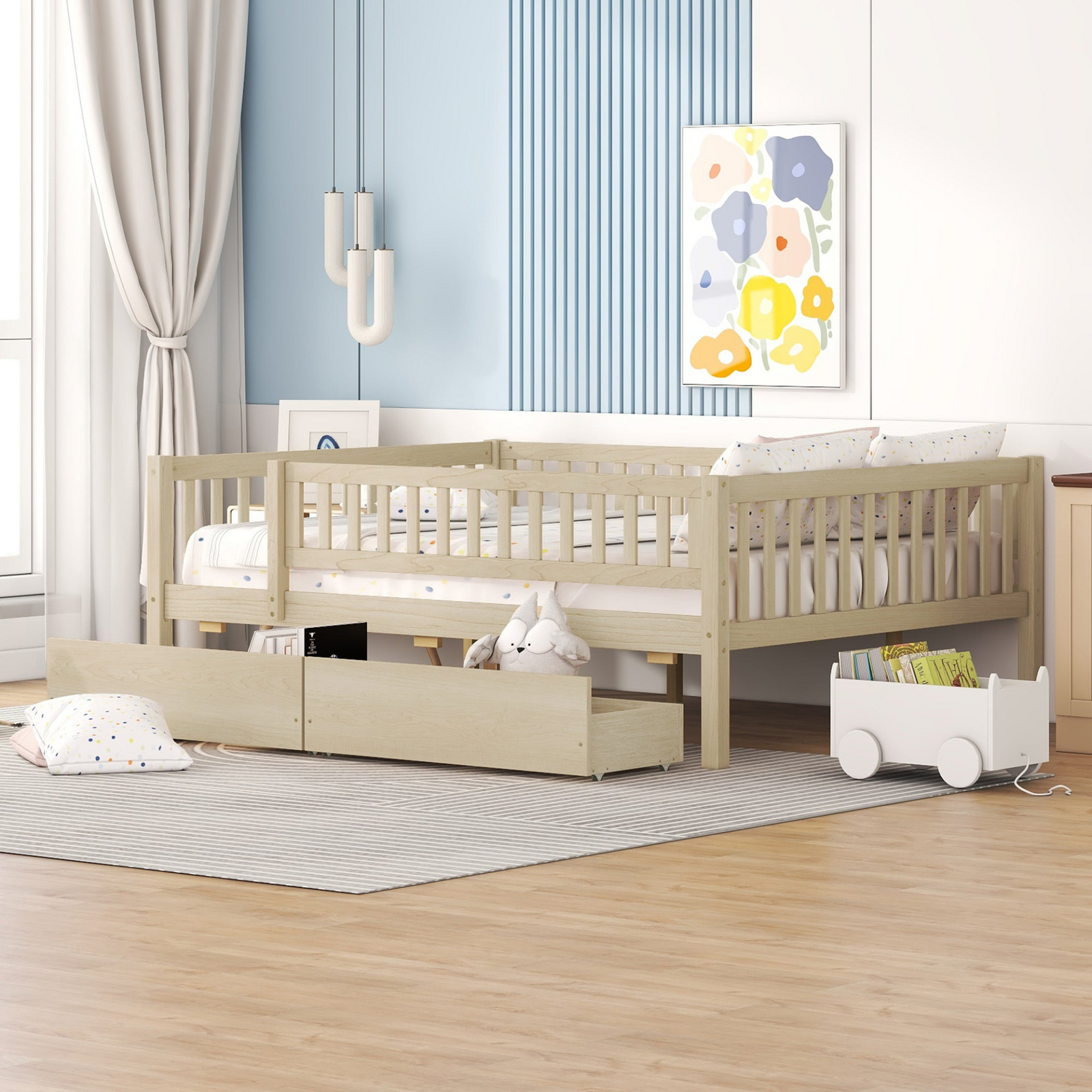 Daybed Wood Bed with Two Drawers, Solid Wood Platform Frame and Underbed Storage