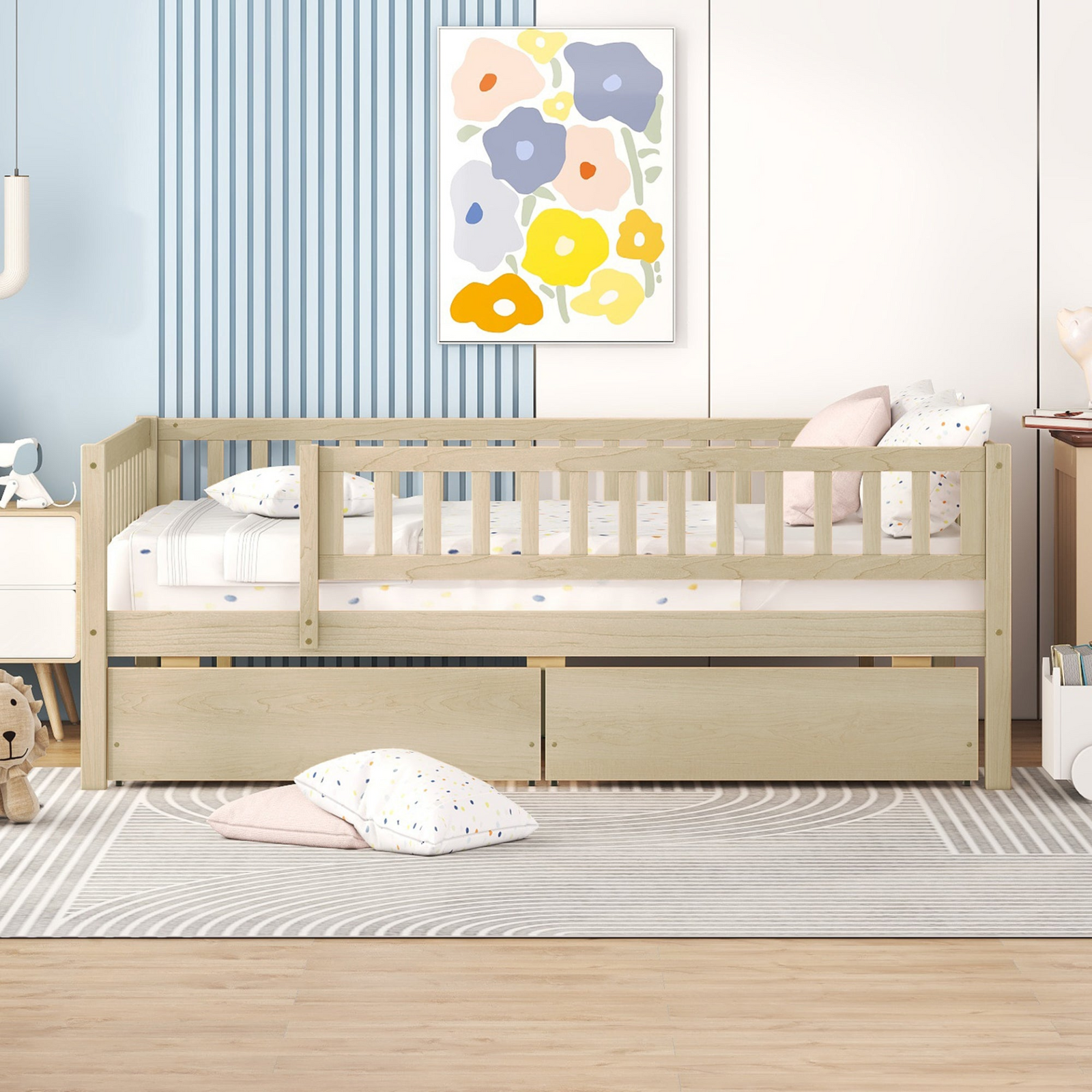 Daybed Wood Bed with Two Drawers, Solid Wood Platform Frame and Underbed Storage