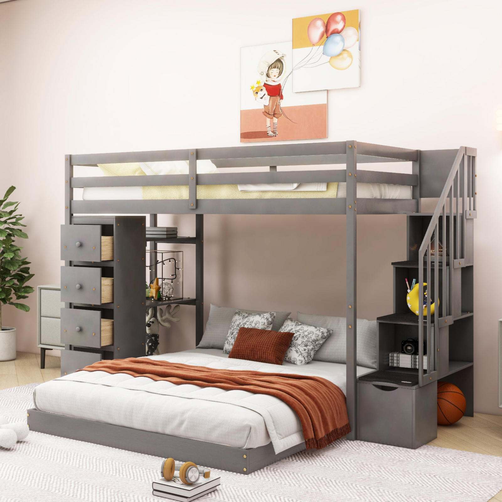 Twin Over Full Bunk Bed with 3-Layer Shelves, Drawers and Storage Stairs