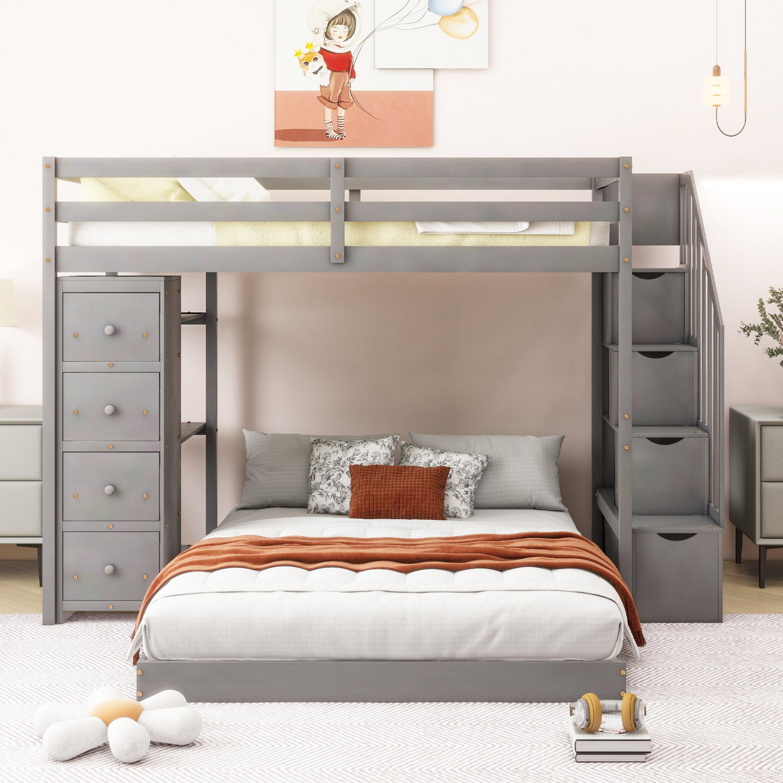 Twin Over Full Bunk Bed with 3-Layer Shelves, Drawers and Storage Stairs