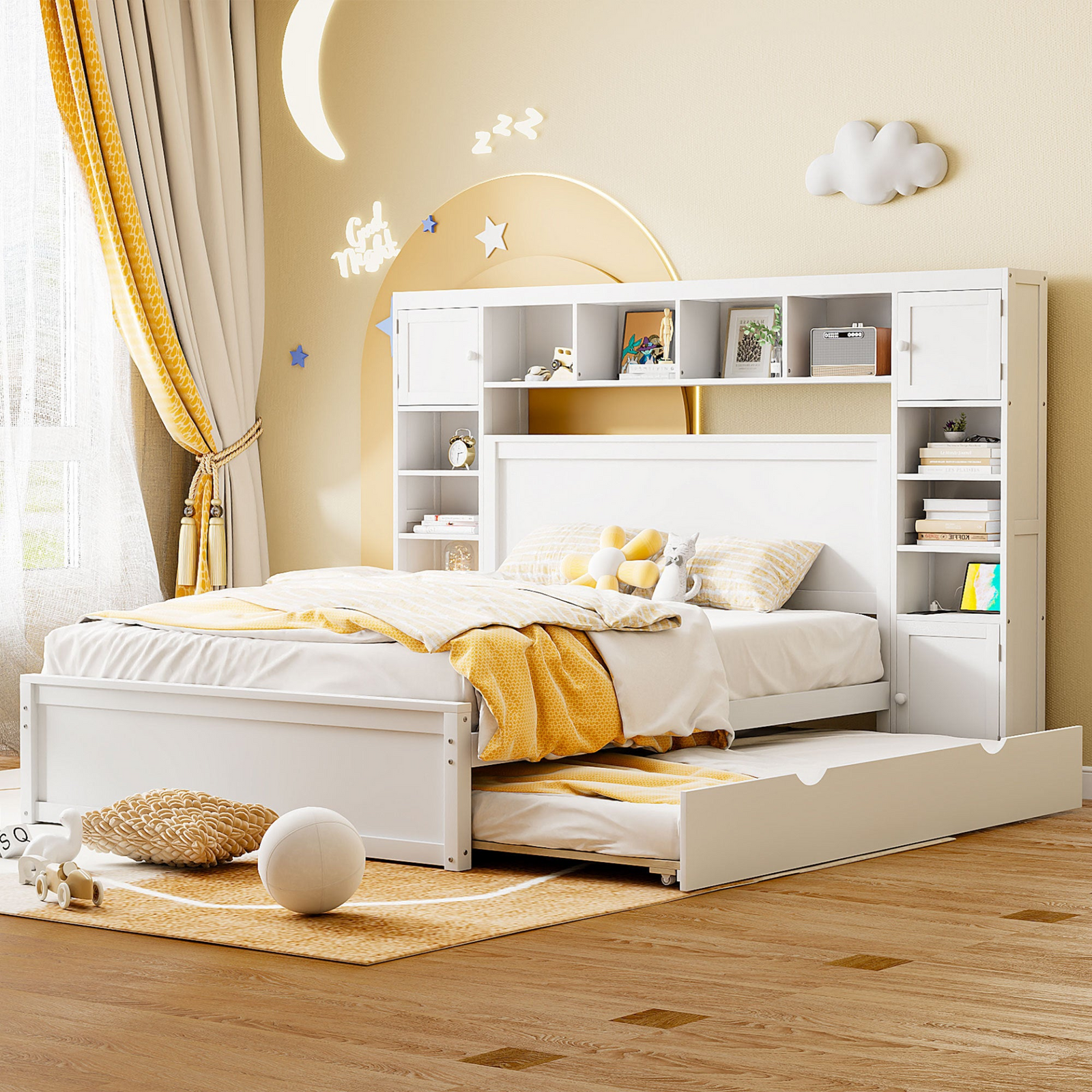 Wooden Bed with All-in-One Cabinet, Shelf & Sockets and Underbed Trundle for Storage