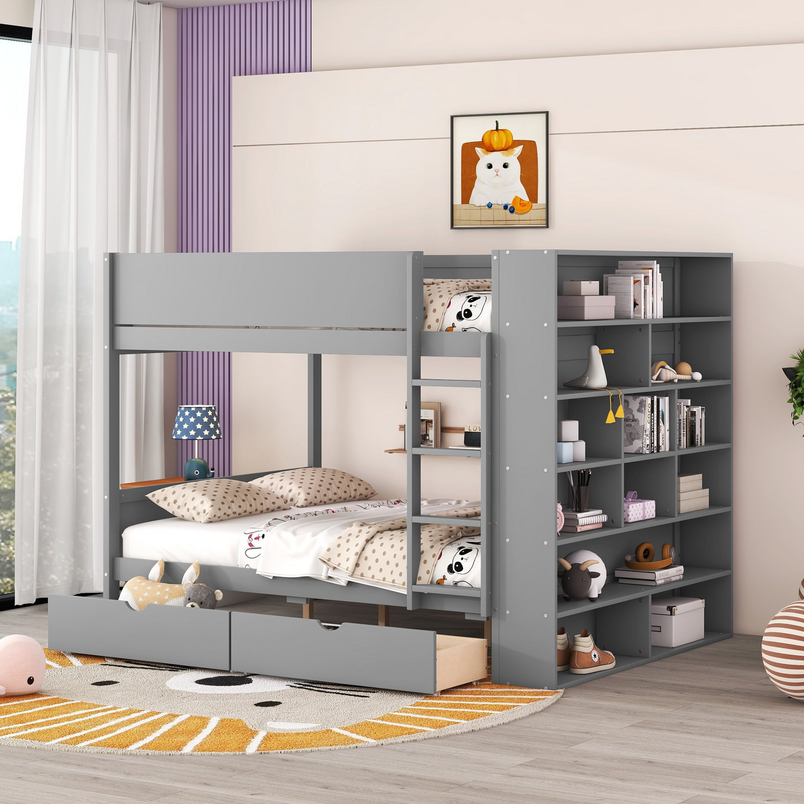 Full over Full Bunk Bed With 2 Drawers and Multi-Layer Cabinet Storage