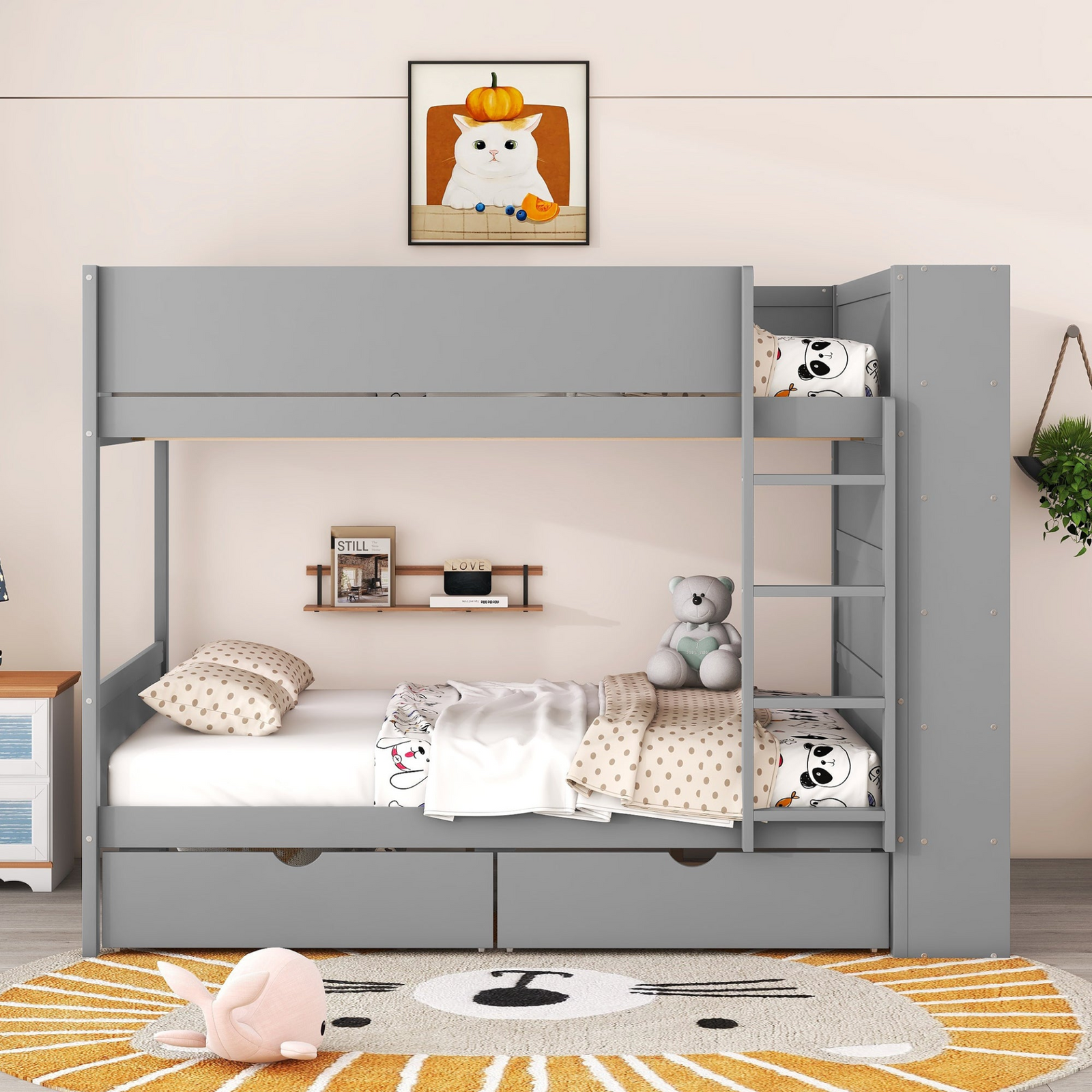 Full over Full Bunk Bed With 2 Drawers and Multi-Layer Cabinet Storage