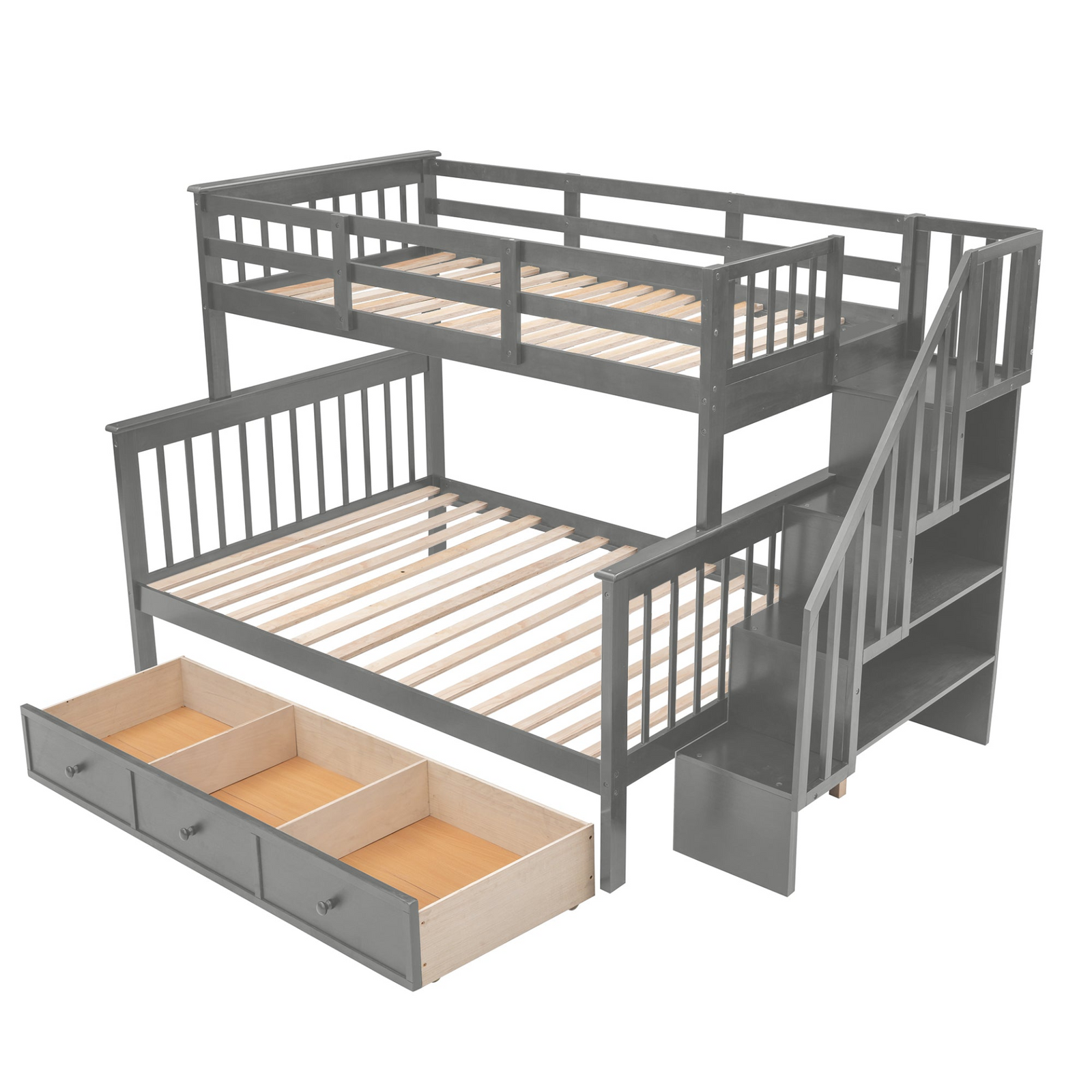 Hearth & Haven Twin-Over-Full Bunk Bed with Stairway, Drawer, Storage & Guard Rail
