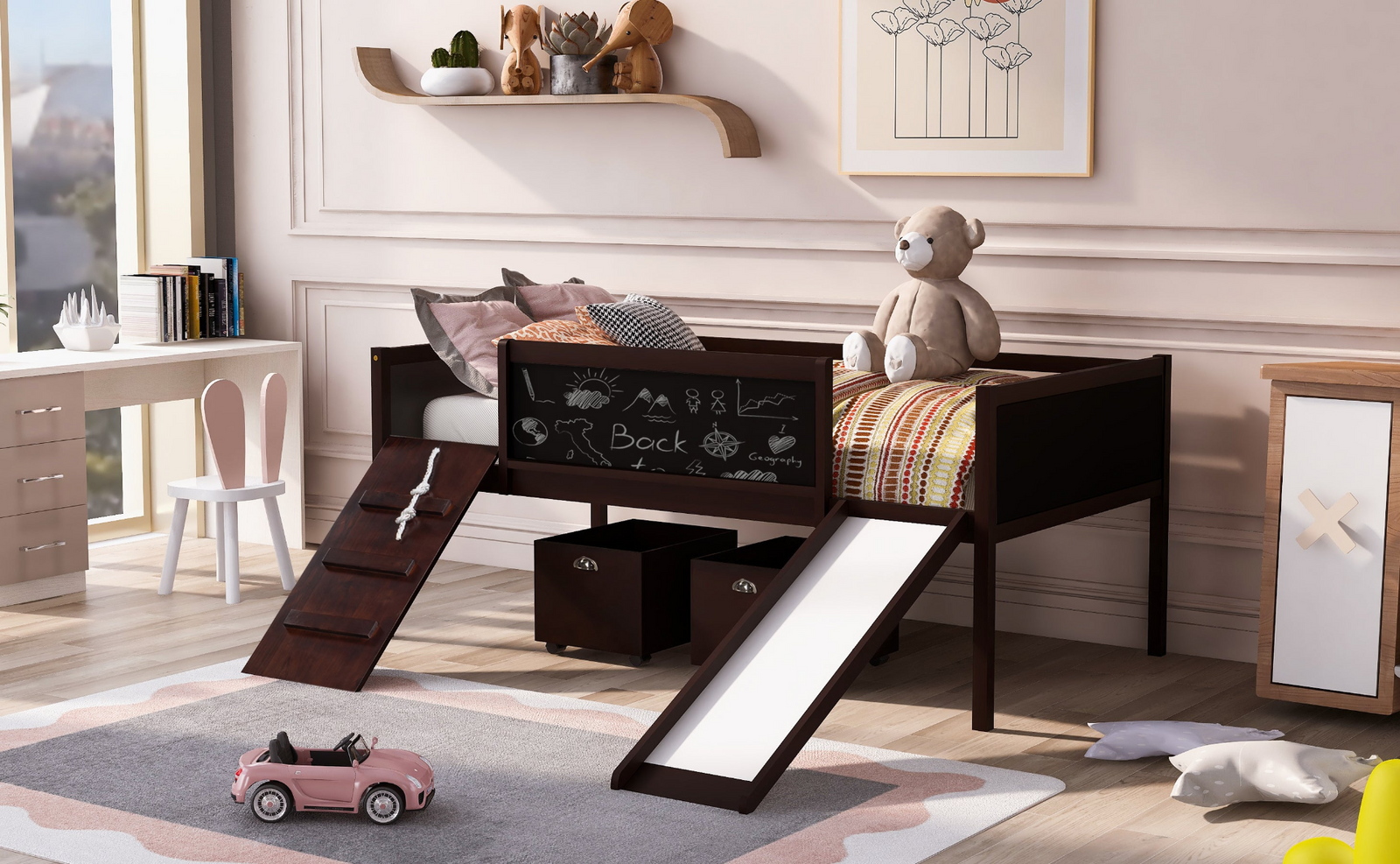 Twin Size Loft Wood Bed with Two Built-In Storage Boxes and Sturdy Frame