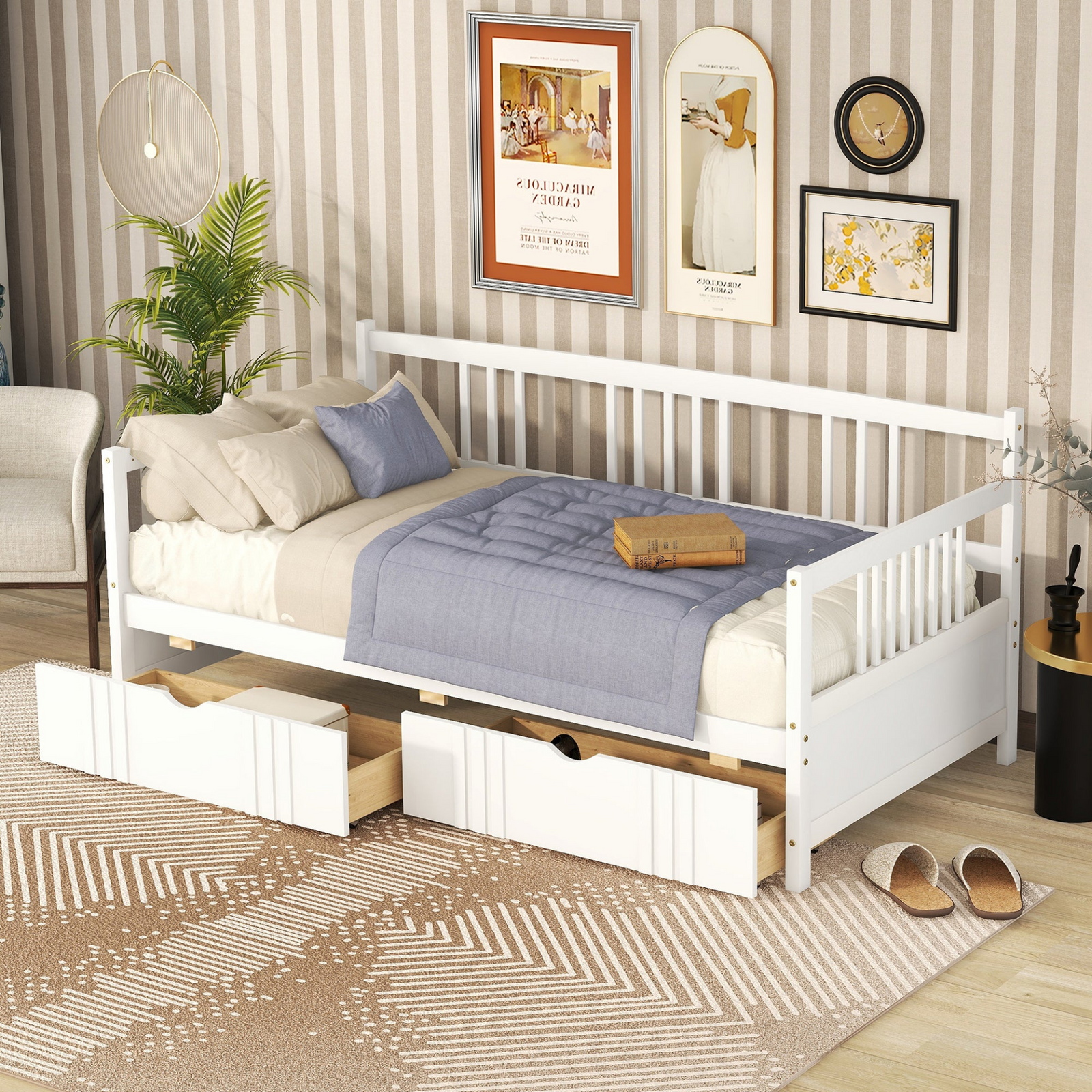 Daybed Wood Bed with Two Drawers and Underbed Storage, Solid Wood Construction