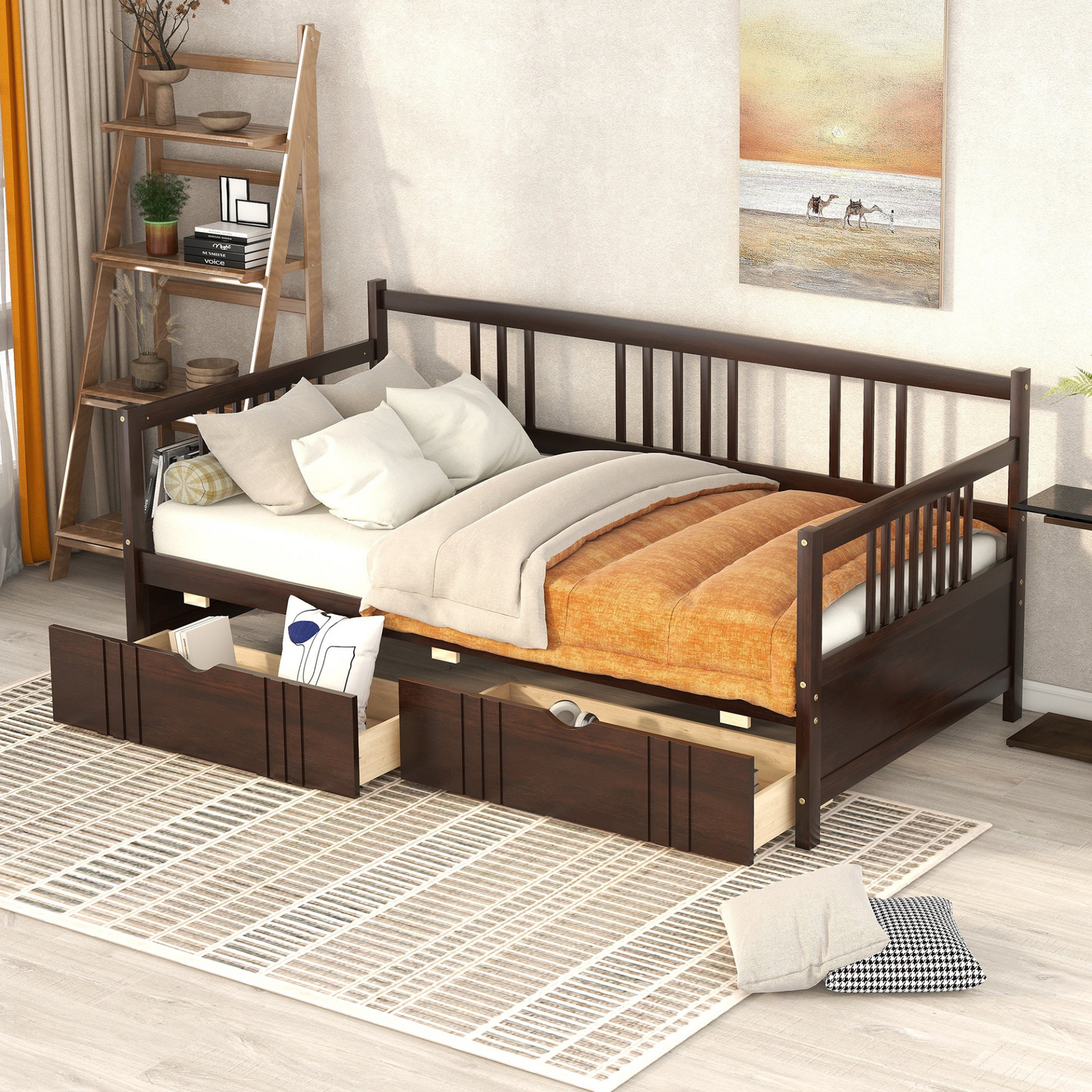Daybed Wood Bed with Two Drawers and Underbed Storage, Solid Wood Construction