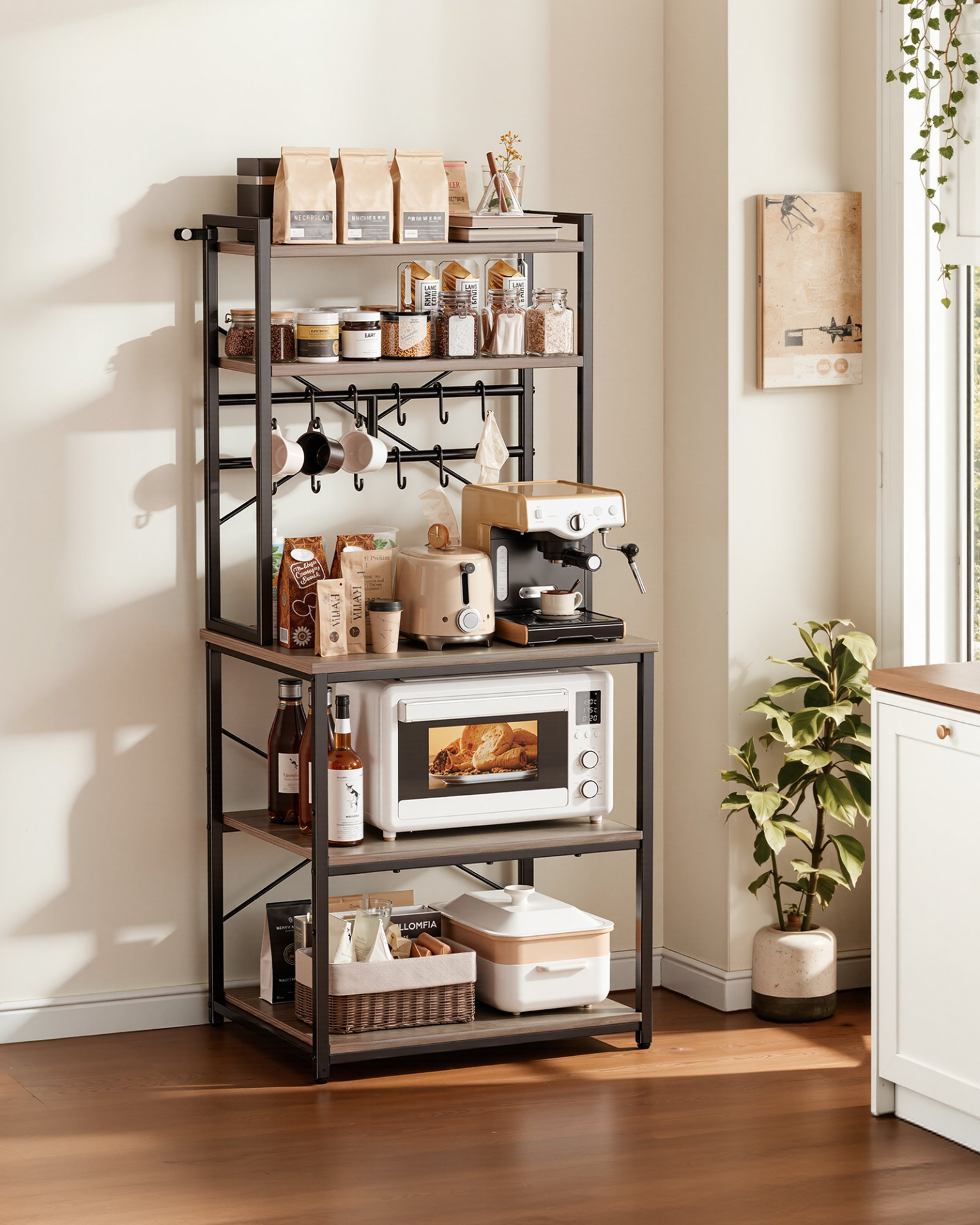 VEVOR Kitchen Bakers Rack, 23.6 inch Width Bakers Rack, Kitchen Stand with X-Shaped Support Bar, 12 S-Shaped Hooks, Double-Layer Top Shelf, Coffee Bar Stand for Dishes & Bowls, Spice Bottles