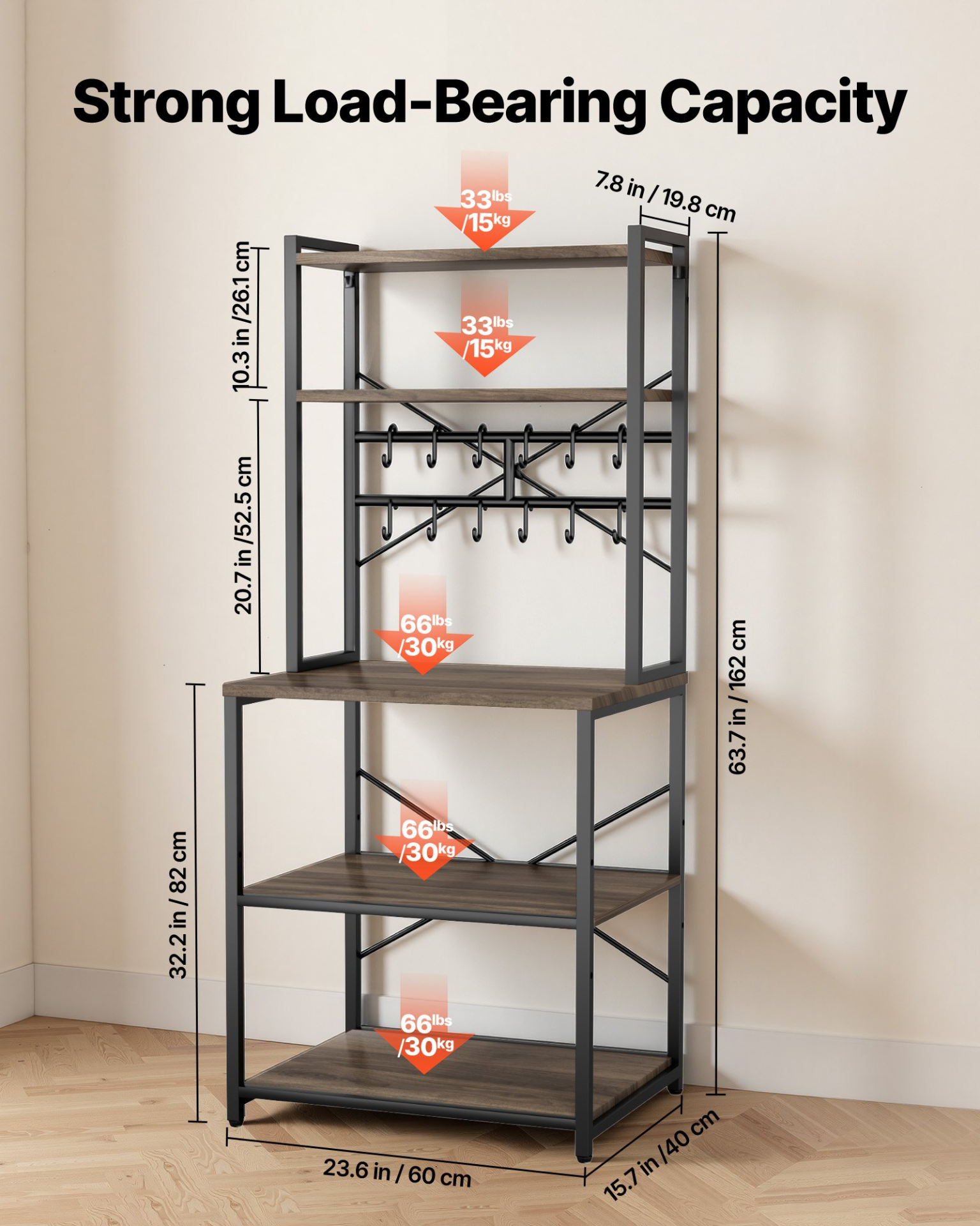 VEVOR Kitchen Bakers Rack, 23.6 inch Width Bakers Rack, Kitchen Stand with X-Shaped Support Bar, 12 S-Shaped Hooks, Double-Layer Top Shelf, Coffee Bar Stand for Dishes & Bowls, Spice Bottles