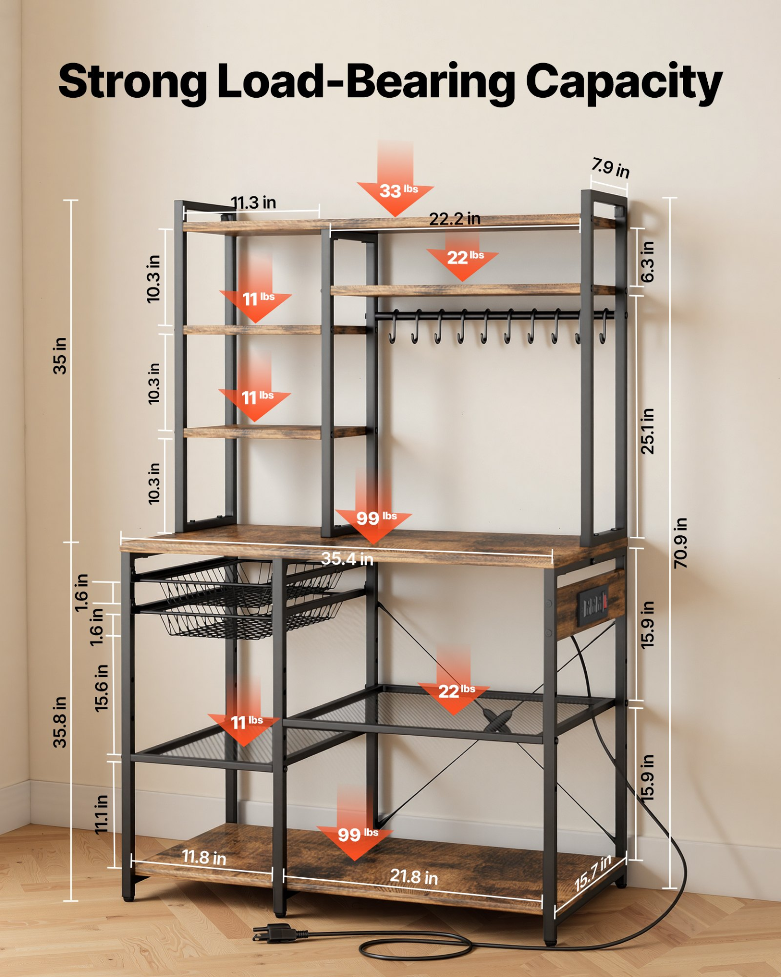 VEVOR Kitchen Bakers Rack, 5 ft Power Cable Bakers Rack with Power Outlet, Kitchen Stand with X-Shaped Support Bar, 10 S-Shaped Hooks, Coffee Bar Stand for Dishes, Spice Bottles, Built-In Power Strip