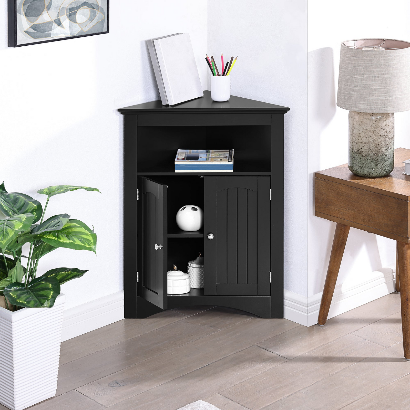 Bathroom Corner Cabinet with Doors and Shelves, Freestanding Storage for Kitchen & Living