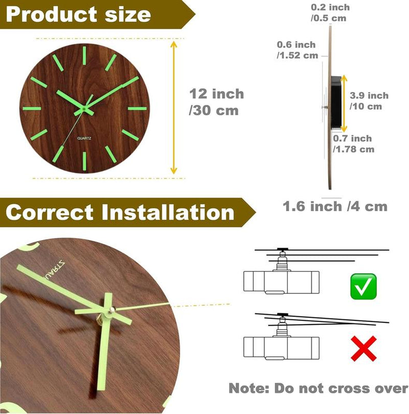 12" Luminous Wooden Wall Clock – Silent Non-Ticking Quartz, Large Numbers & Hands, Easy to Read Day & Night