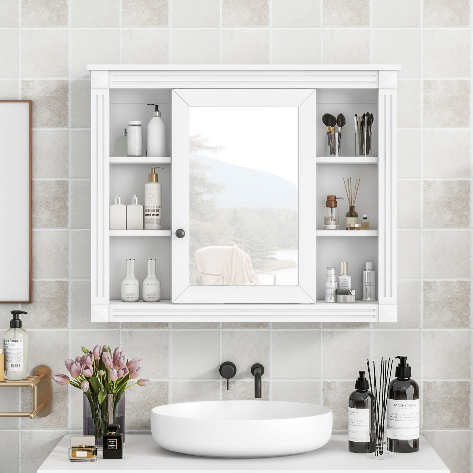 Wall Mounted Bathroom Storage Cabinet Medicine Cabinet with Mirror & 6 Open Shelves