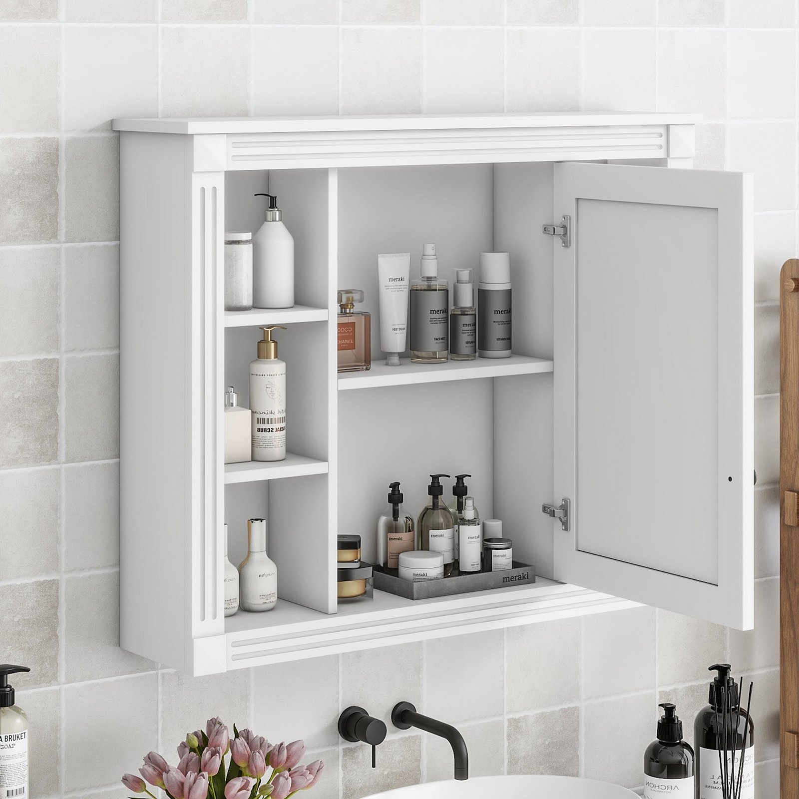 Wall Mounted Bathroom Storage Cabinet Medicine Cabinet with Mirror & 6 Open Shelves