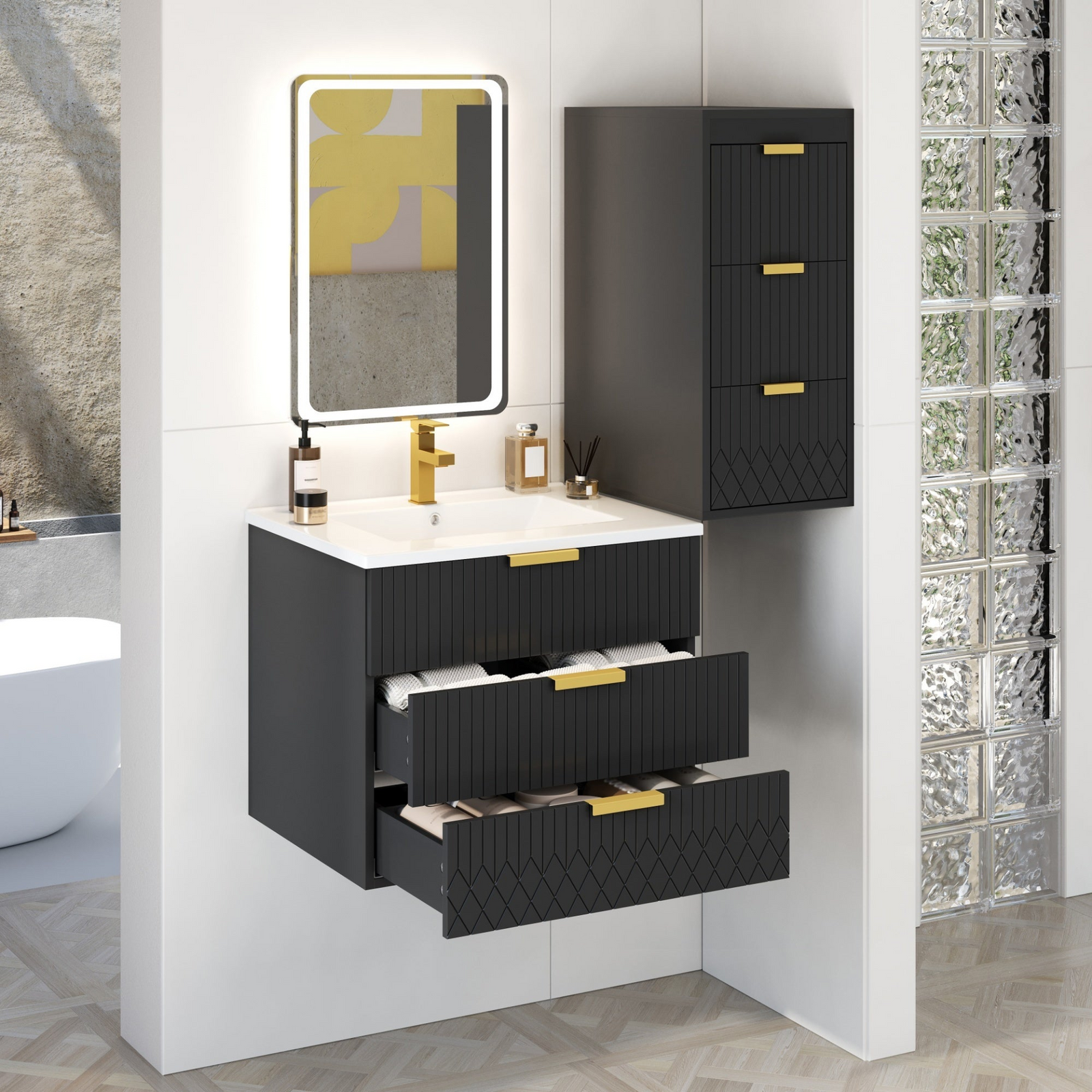 Modern Wall Mounted Floating Bathroom Vanity Cabinet with Ceramic Basin Sink